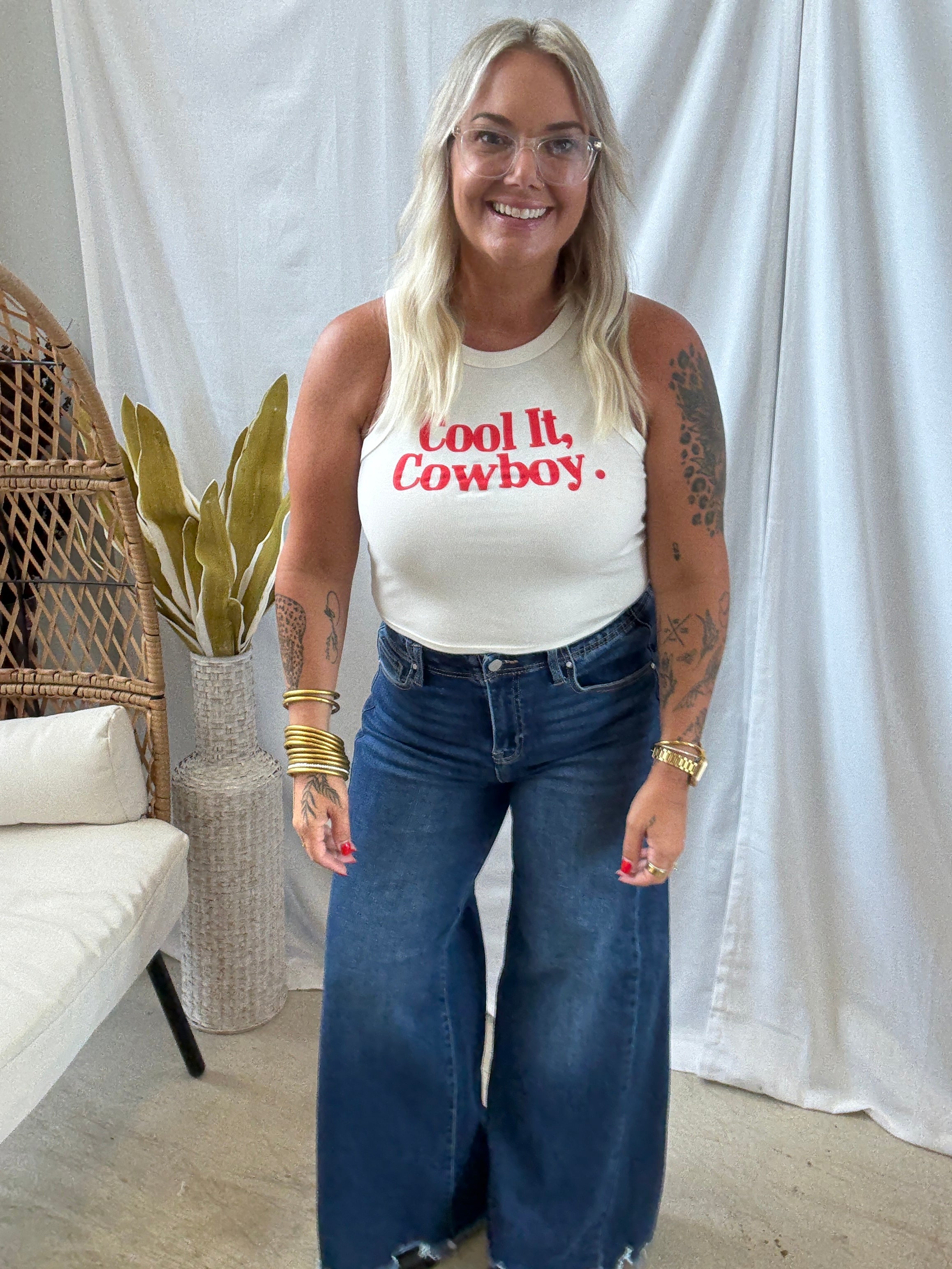 White Cool It Cowboy Tank-Tank Tops-charlie southern-The Silo Boutique, Women's Fashion Boutique Located in Warren and Grand Forks North Dakota