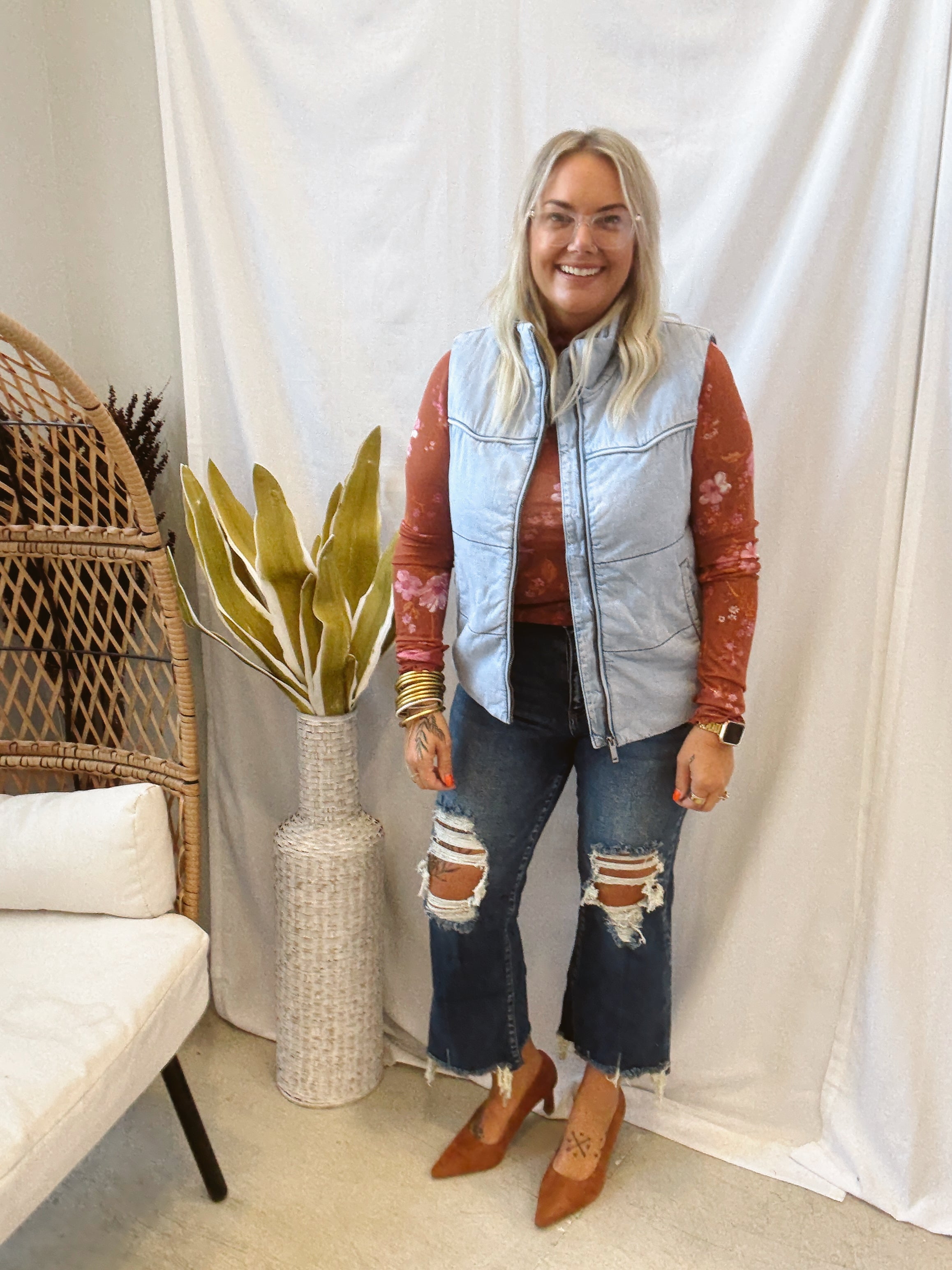 Denim Puffer Vest-Vests-hem and thread-The Silo Boutique, Women's Fashion Boutique Located in Warren and Grand Forks North Dakota