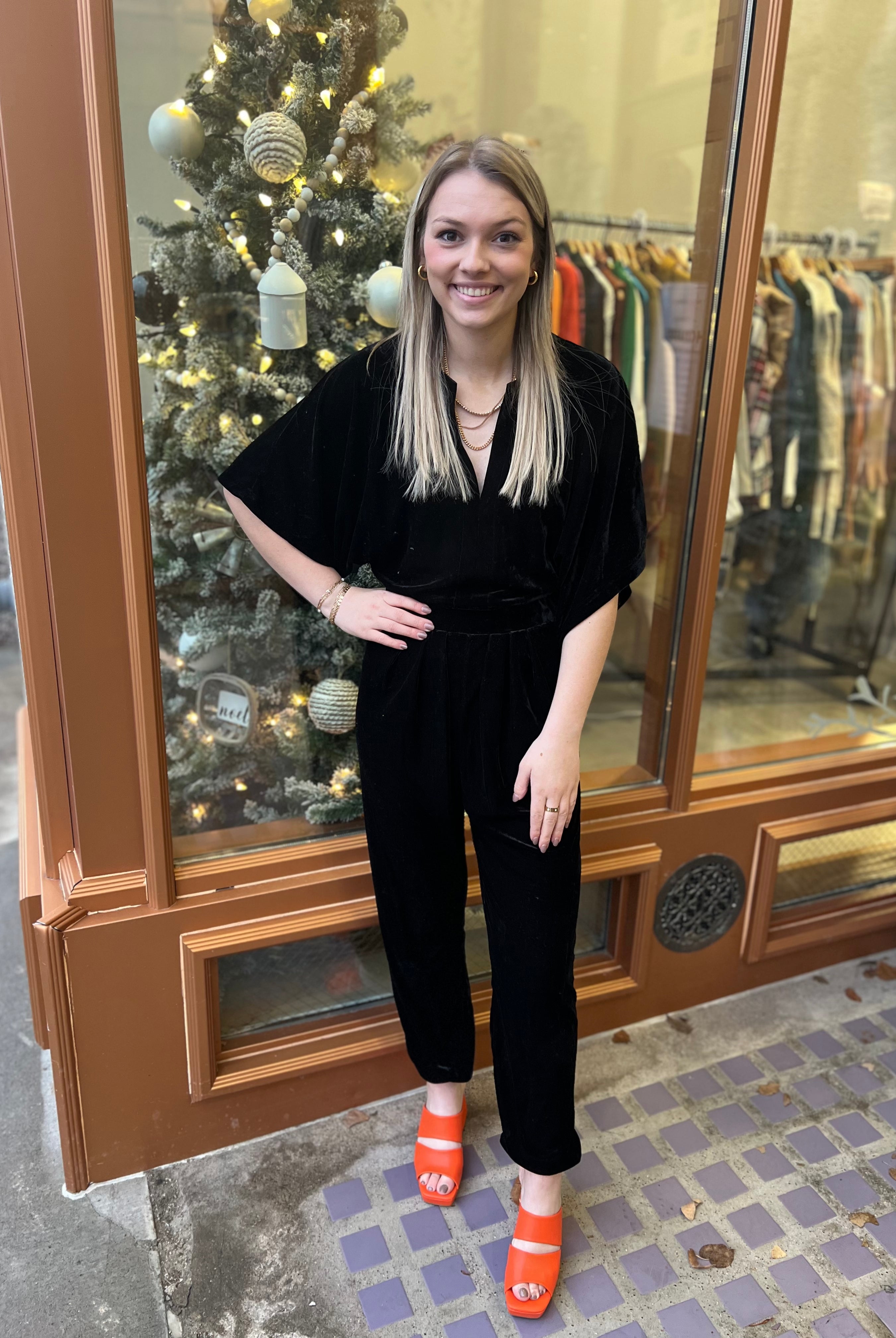 Elan Black Velvet Jumpsuit-Jumpsuits & Rompers-elan-The Silo Boutique, Women's Fashion Boutique Located in Warren and Grand Forks North Dakota