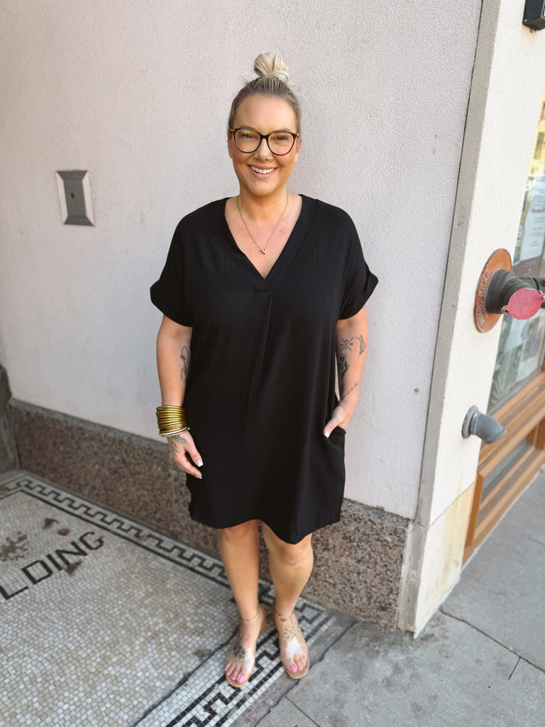 Stacey Black V Neck Dress-Dresses-stacato-The Silo Boutique, Women's Fashion Boutique Located in Warren and Grand Forks North Dakota