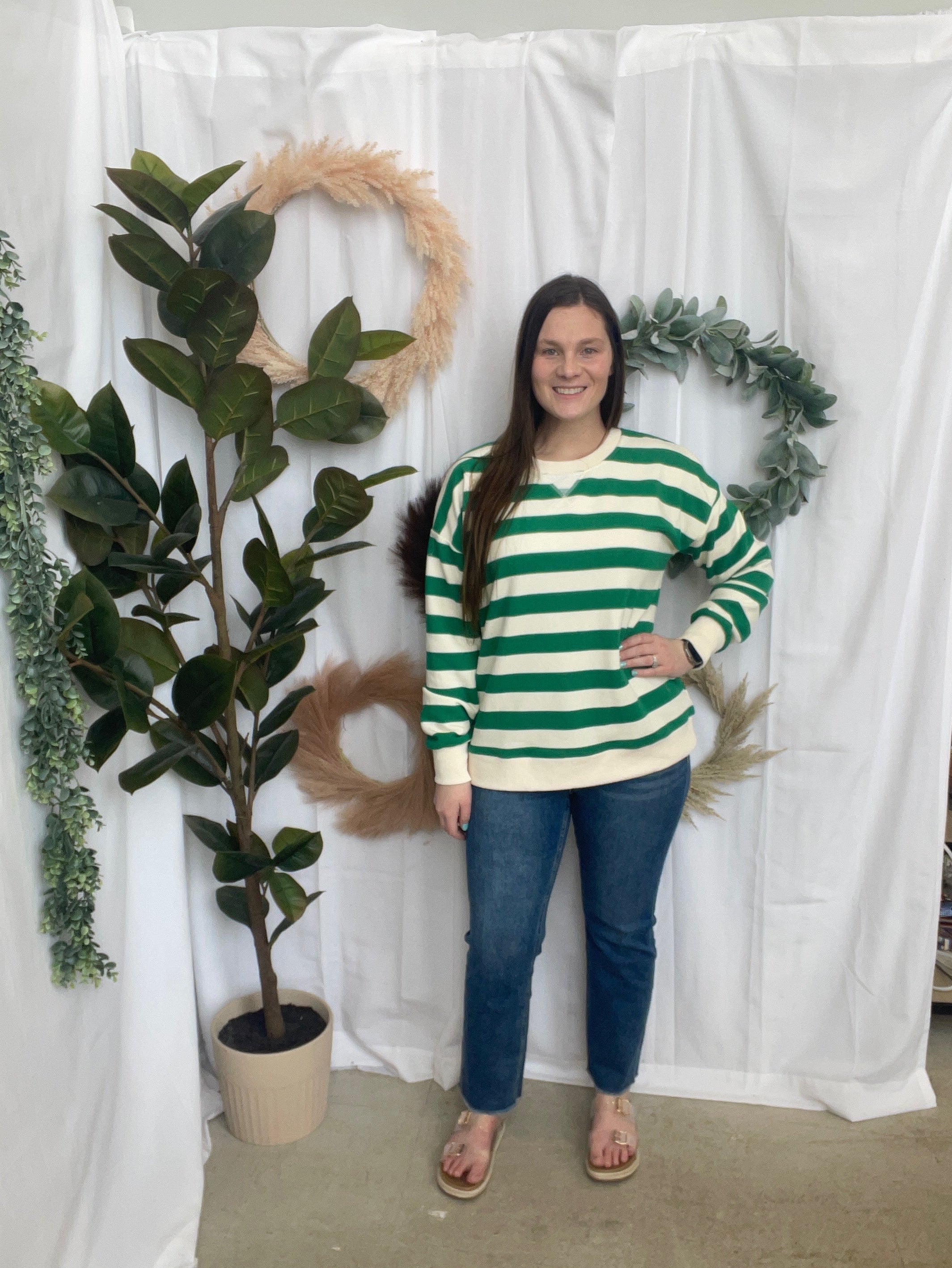 Kelly Green Stripe Crew Sweatshirt-Sweatshirts-hem and thread-The Silo Boutique, Women's Fashion Boutique Located in Warren and Grand Forks North Dakota