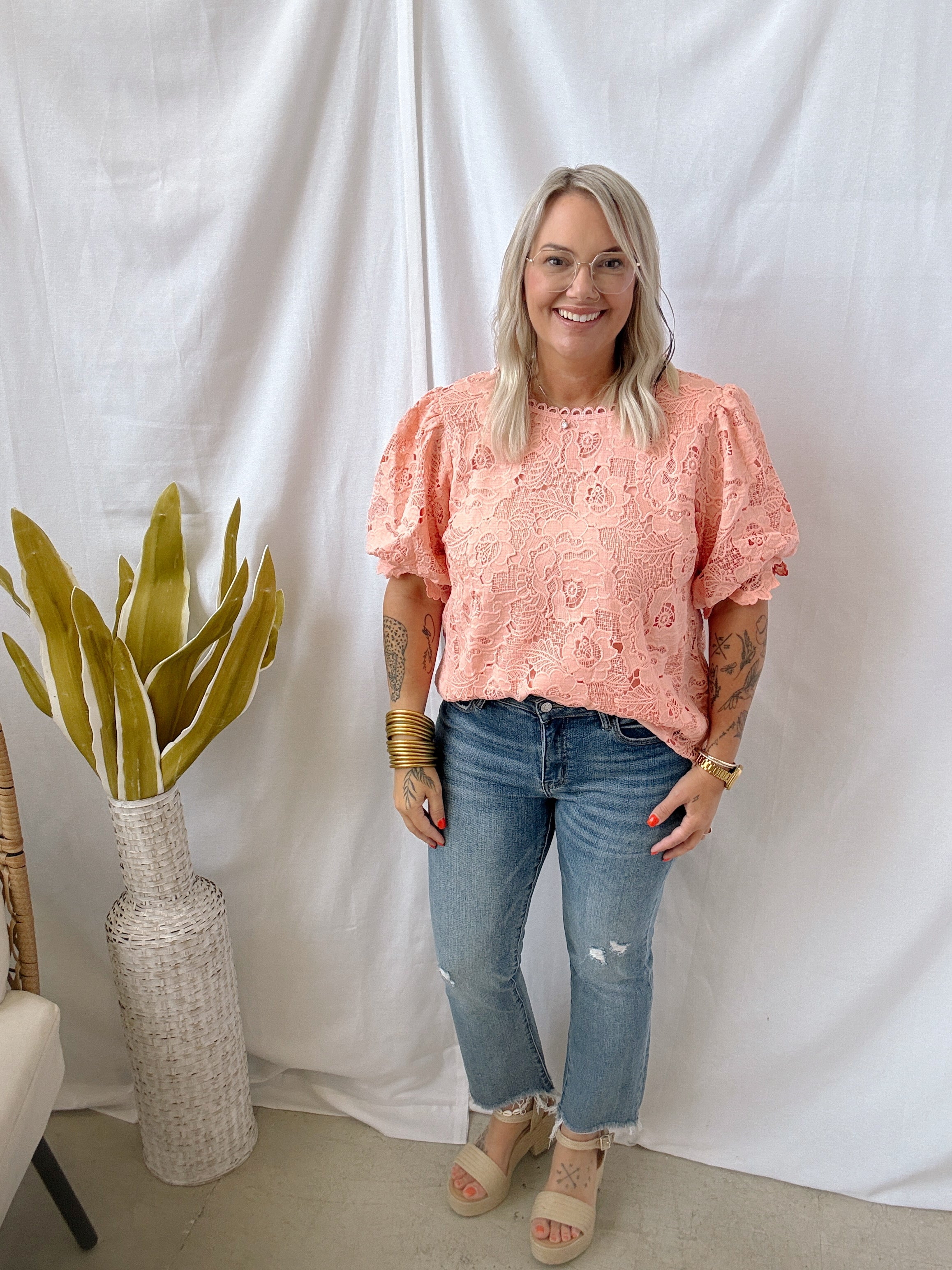 Loving the Lace Look Top-Peach-Short Sleeve Tops-Umgee-The Silo Boutique, Women's Fashion Boutique Located in Warren and Grand Forks North Dakota