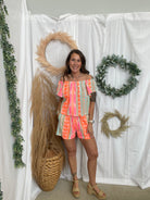 Elan Neon Aztec Off Shoulder Top-Short Sleeve Tops-elan-The Silo Boutique, Women's Fashion Boutique Located in Warren and Grand Forks North Dakota