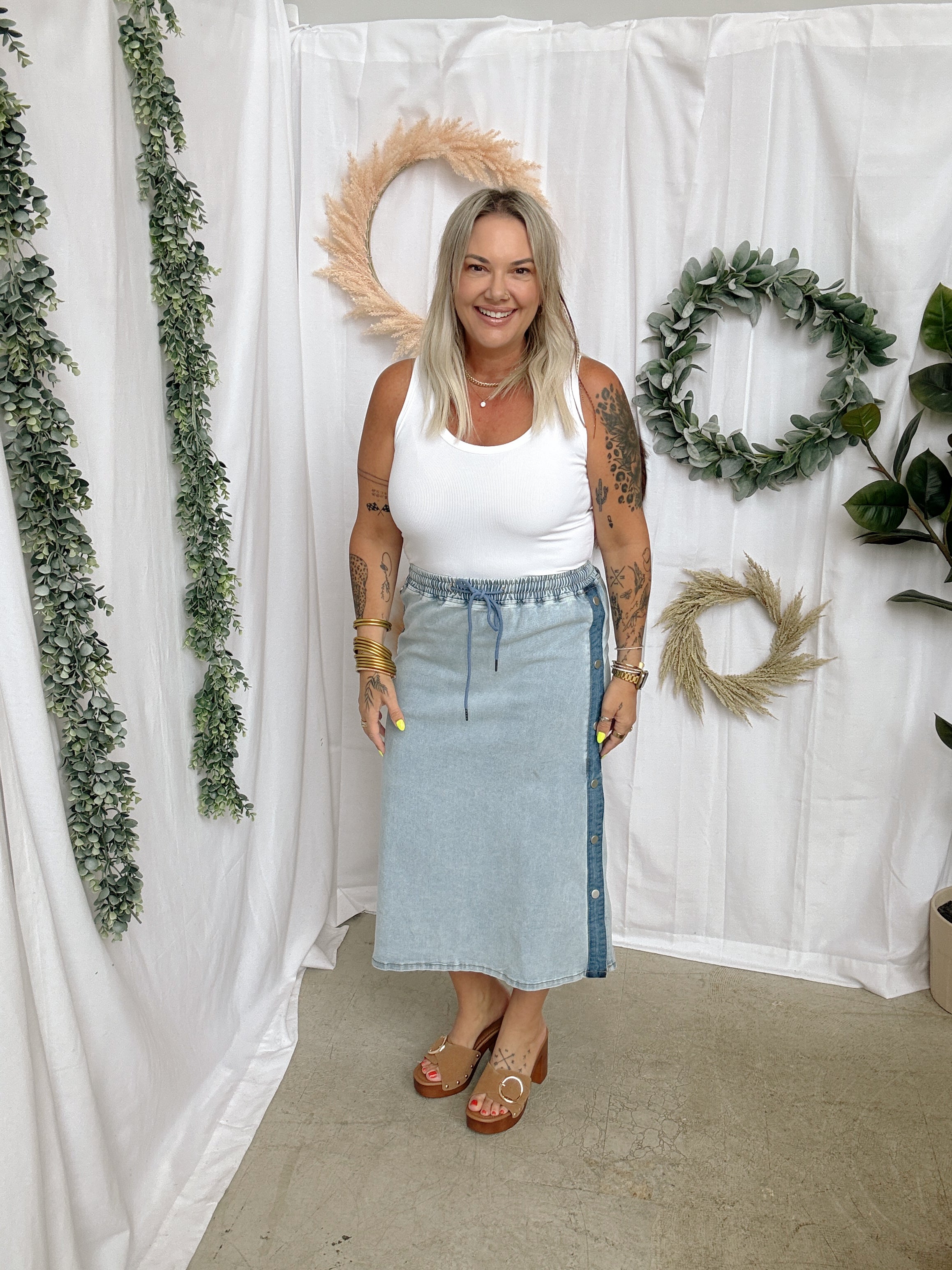 Denim Snap Button Midi Skirt-Skirts-hem and thread-The Silo Boutique, Women's Fashion Boutique Located in Warren and Grand Forks North Dakota