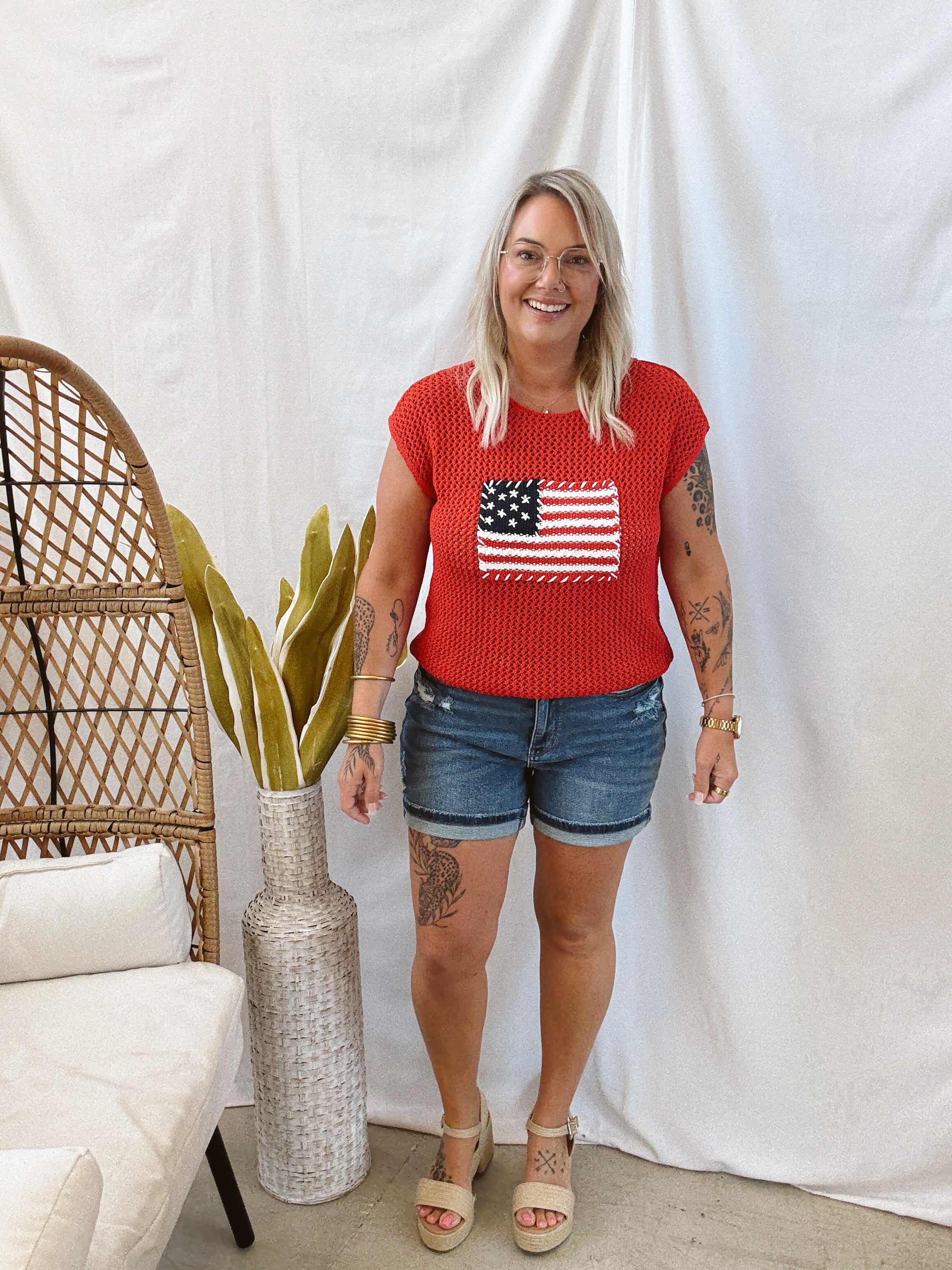 Red Crochet Flag Sweater Tank-Tank Tops-blu pepper-The Silo Boutique, Women's Fashion Boutique Located in Warren and Grand Forks North Dakota