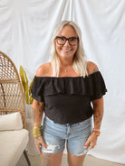 Amy Eyelet Top-Black-Short Sleeve Tops-les amis-The Silo Boutique, Women's Fashion Boutique Located in Warren and Grand Forks North Dakota