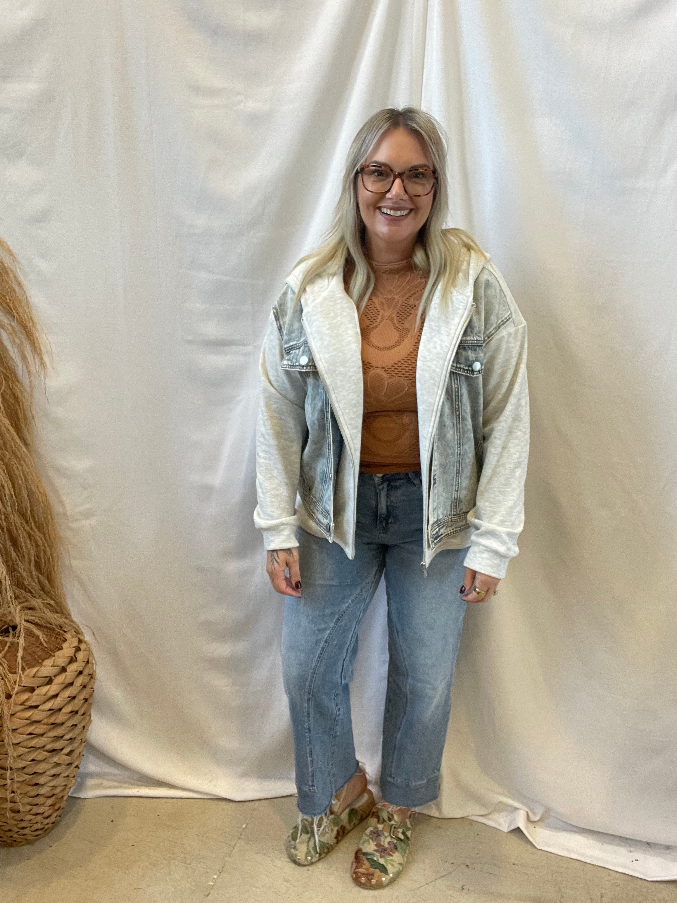 Denim Contrast Twofer Hooded Jacket-Coats & Jackets-hem and thread-The Silo Boutique, Women's Fashion Boutique Located in Warren and Grand Forks North Dakota