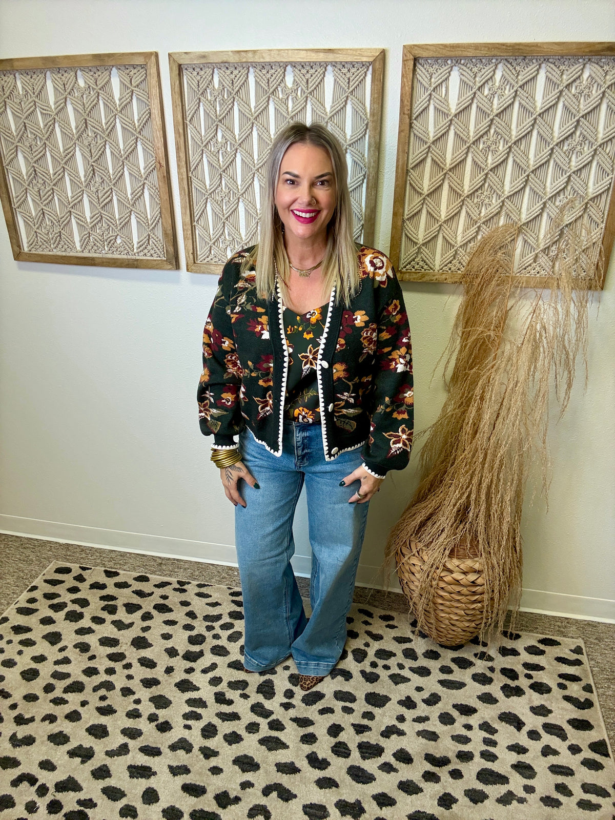 Floral Jacquard Cardigan-Green-Cardigans-skies are blue-The Silo Boutique, Women's Fashion Boutique Located in Warren and Grand Forks North Dakota