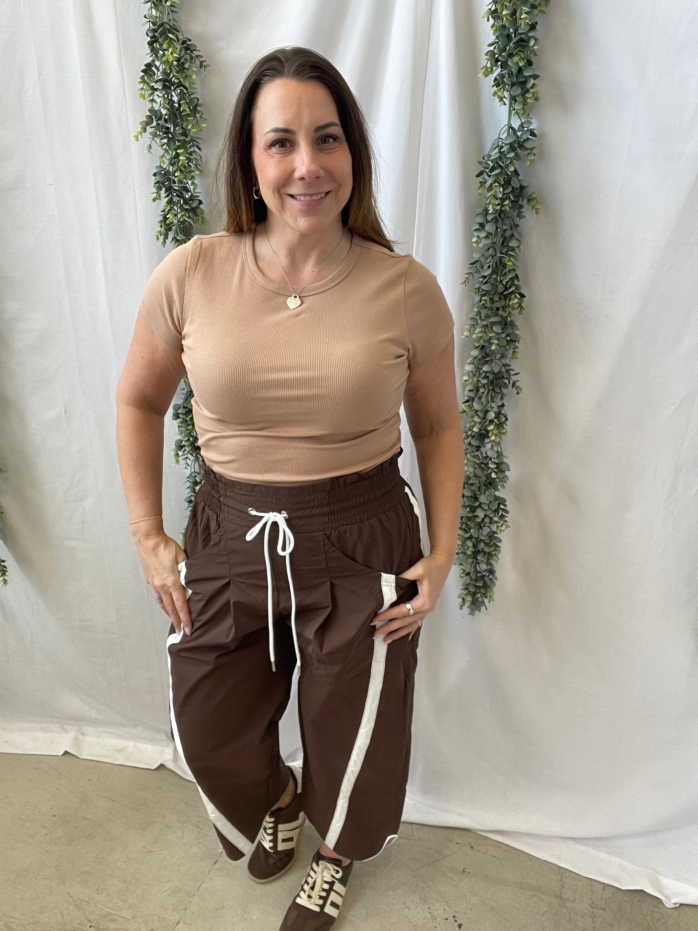 Bucket Windbreaker Pants-Brown-Pants-bucketlist-The Silo Boutique, Women's Fashion Boutique Located in Warren and Grand Forks North Dakota