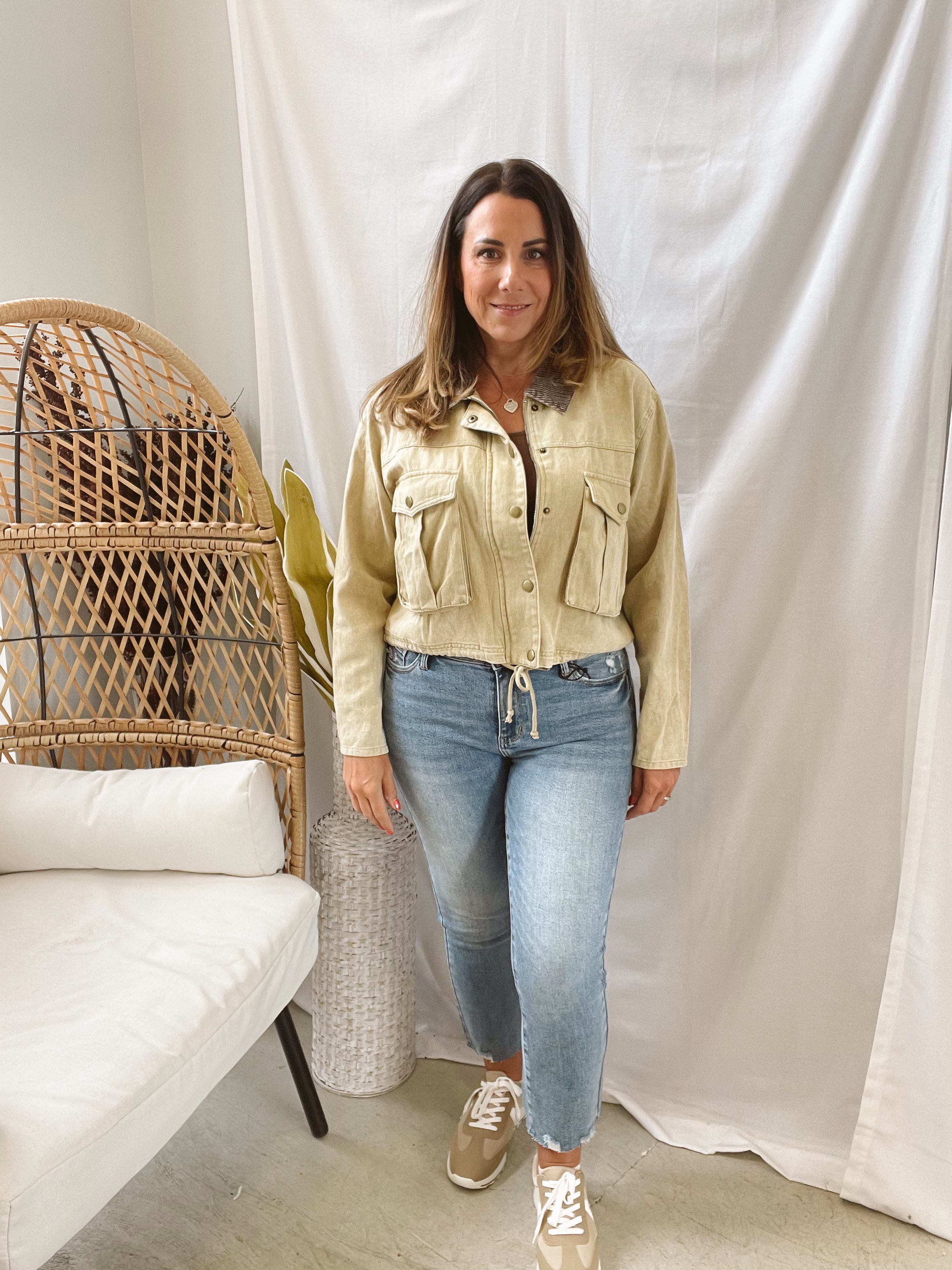 Corduroy Collar Twill Jacket-Sand-Coats & Jackets-hem and thread-The Silo Boutique, Women's Fashion Boutique Located in Warren and Grand Forks North Dakota