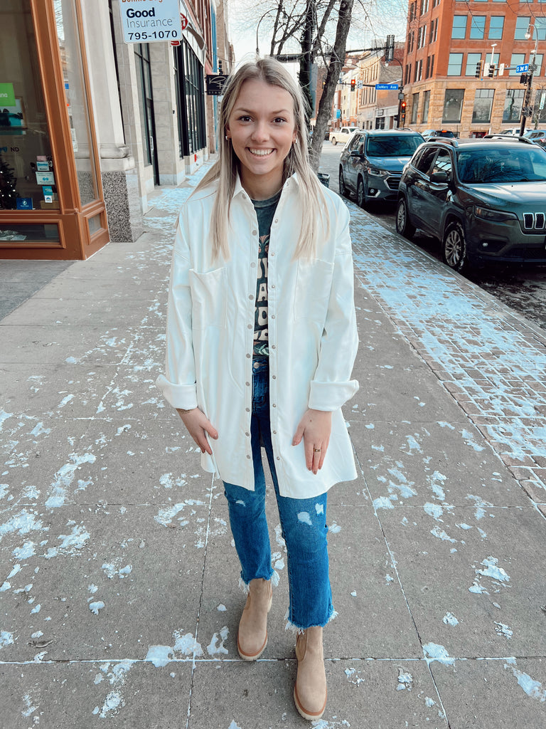 White Leather Shirt Dress-Dresses-The Silo Boutique-The Silo Boutique, Women's Fashion Boutique Located in Warren and Grand Forks North Dakota