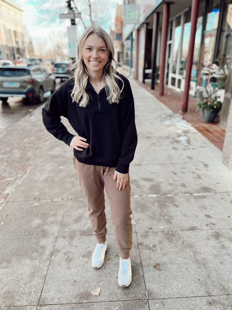 Rae Black Quarter Zip Pullover-Leggings-rae mode-The Silo Boutique, Women's Fashion Boutique Located in Warren and Grand Forks North Dakota