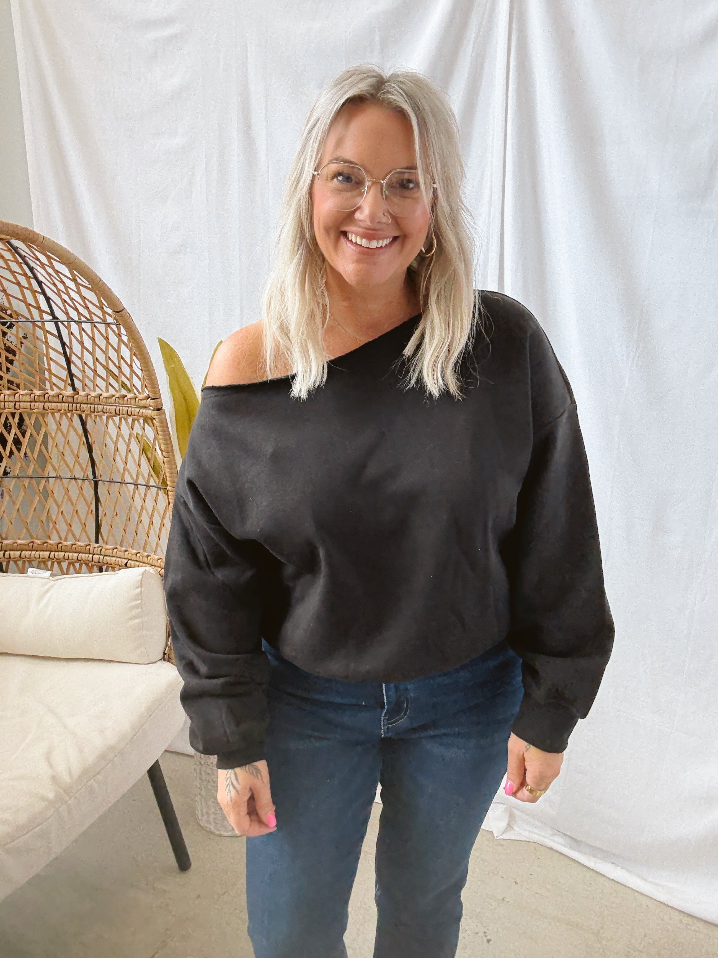 Black Off The Shoulder Sweatshirt-Tank Tops-rae mode-The Silo Boutique, Women's Fashion Boutique Located in Warren and Grand Forks North Dakota