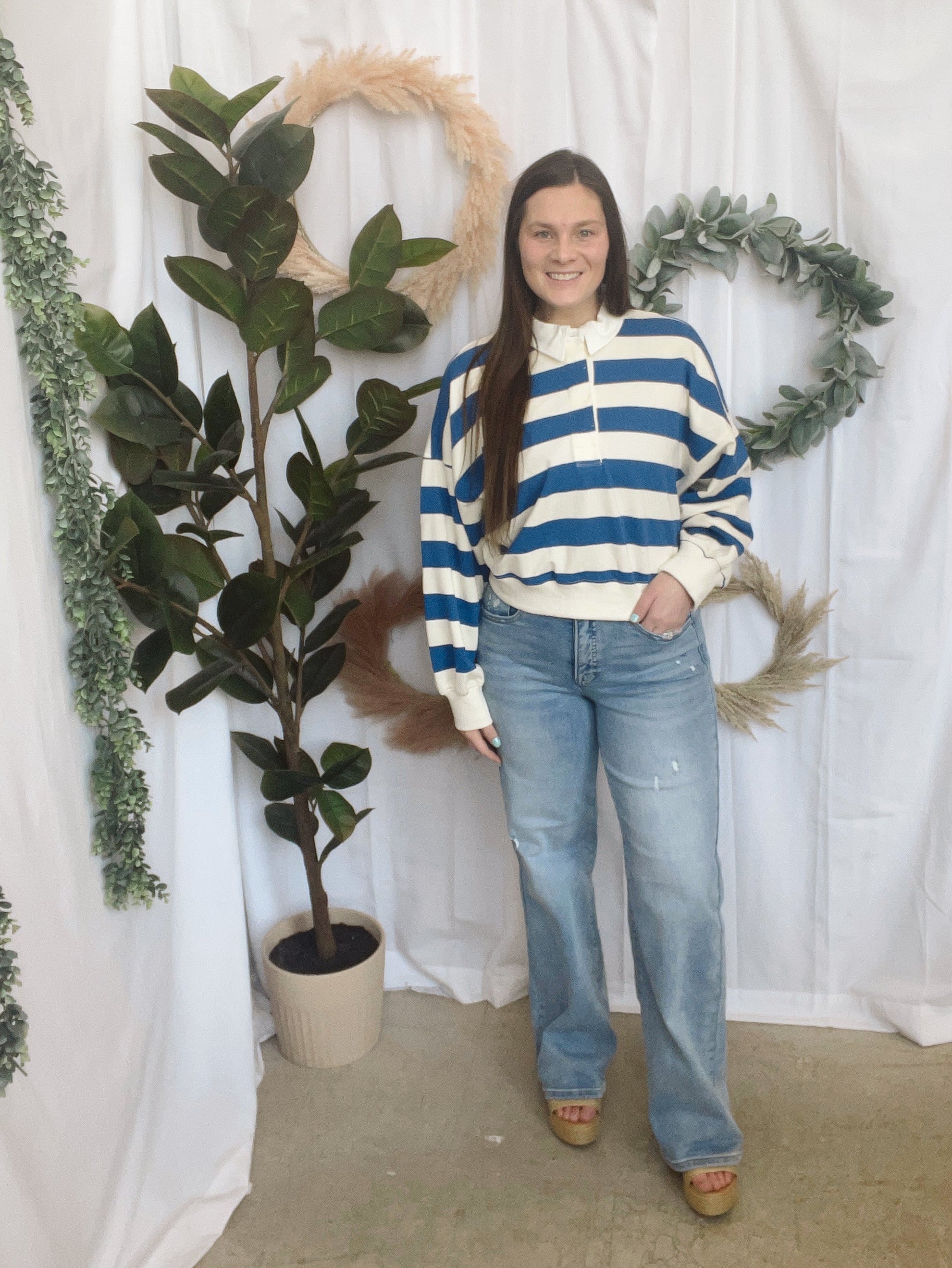 Blue and Cream Polo Top-Long Sleeve Tops-by together-The Silo Boutique, Women's Fashion Boutique Located in Warren and Grand Forks North Dakota