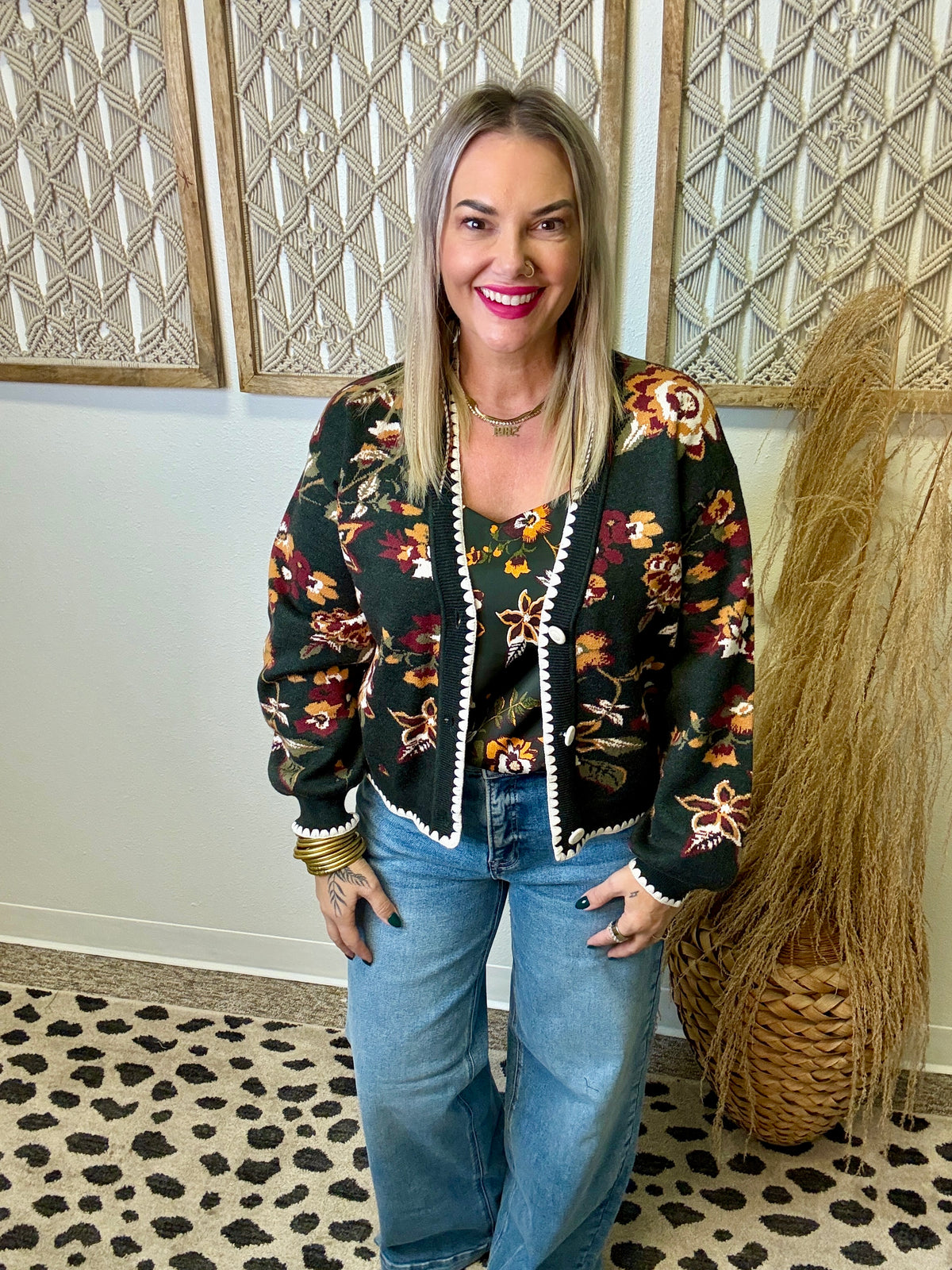 Floral Jacquard Cardigan-Green-Cardigans-skies are blue-The Silo Boutique, Women's Fashion Boutique Located in Warren and Grand Forks North Dakota