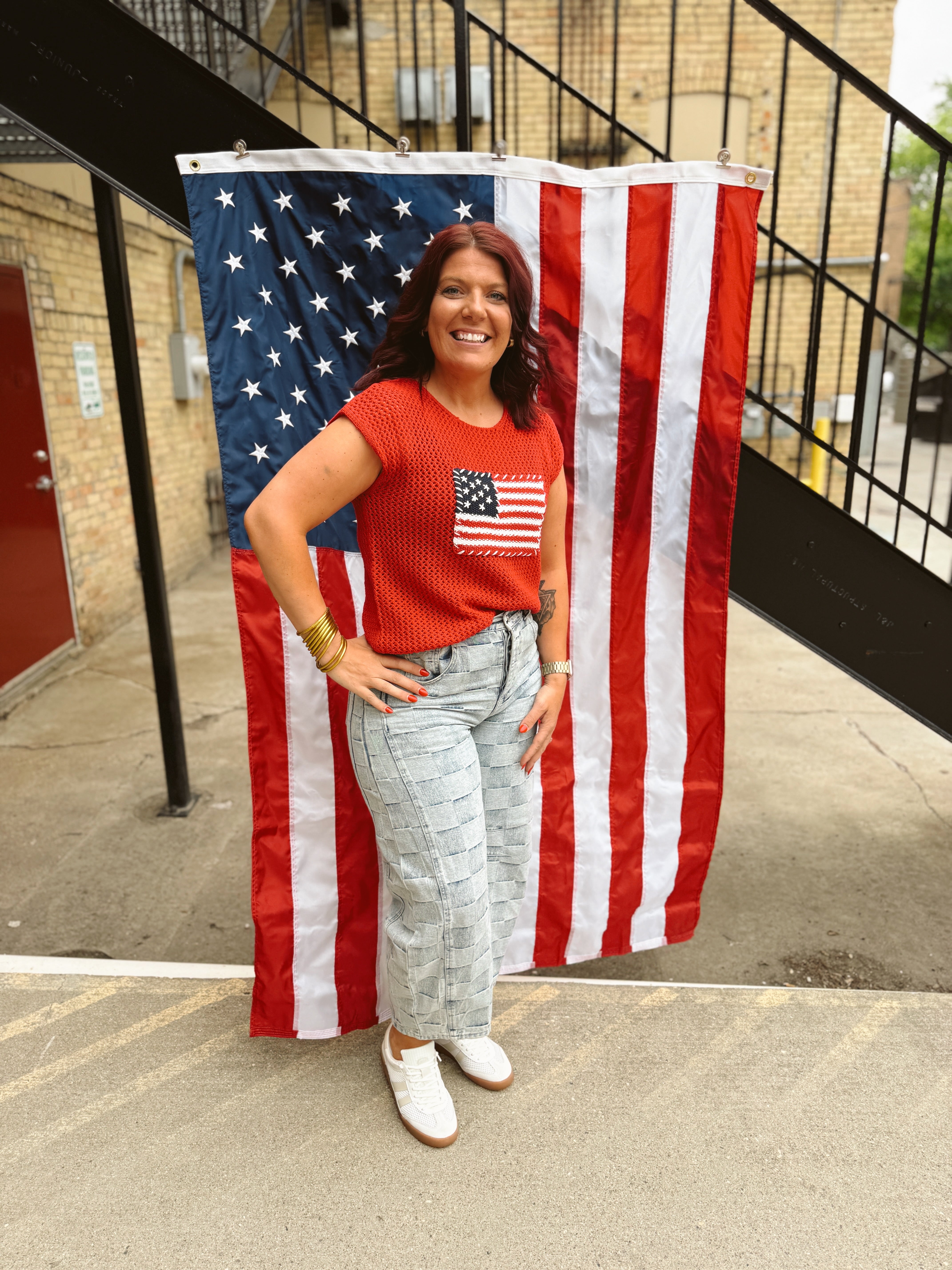 Red Crochet Flag Sweater Tank-Tank Tops-blu pepper-The Silo Boutique, Women's Fashion Boutique Located in Warren and Grand Forks North Dakota