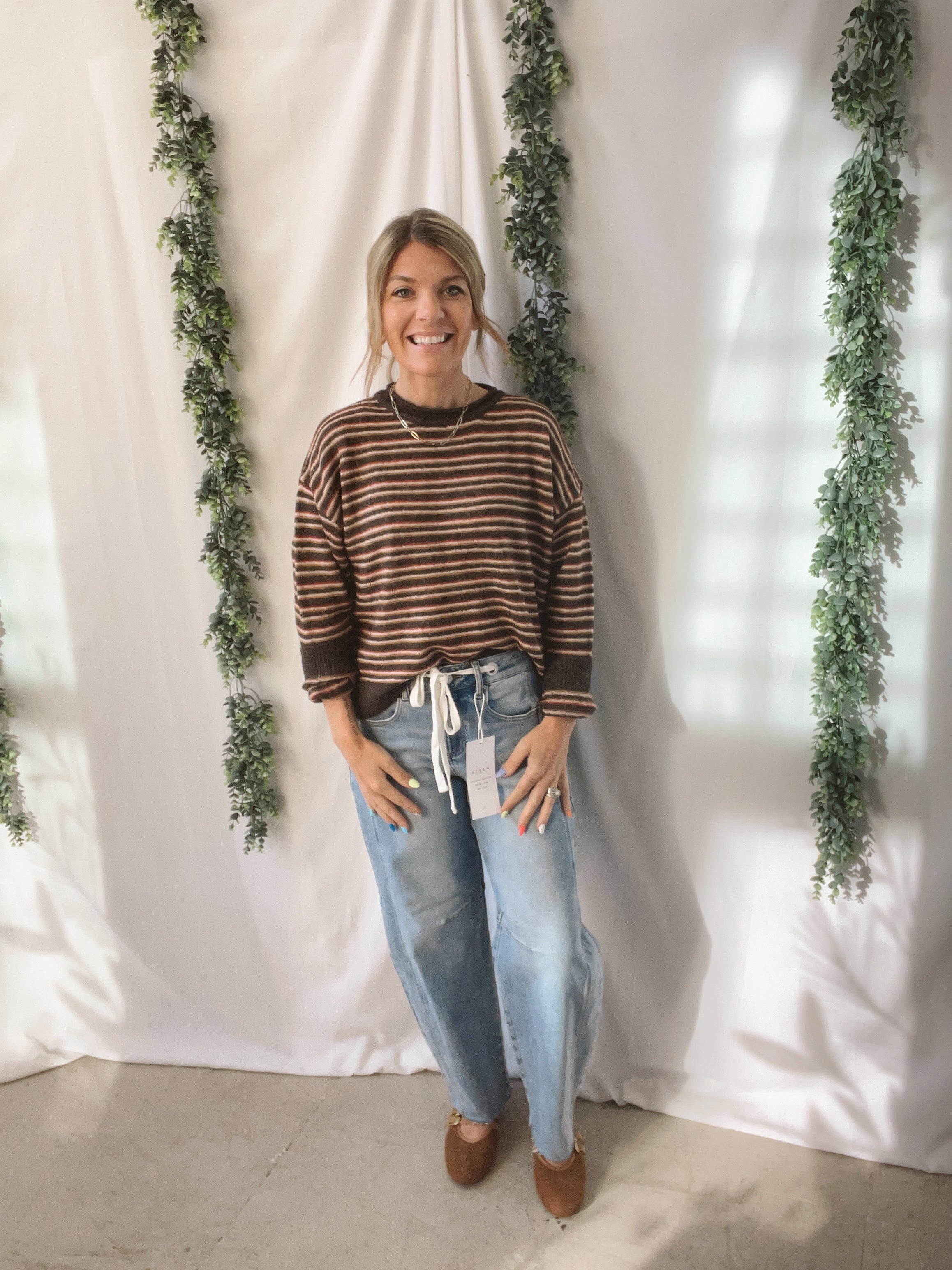By Together Chocolate Blush Striped Sweater-Cardigans-by together-The Silo Boutique, Women's Fashion Boutique Located in Warren and Grand Forks North Dakota