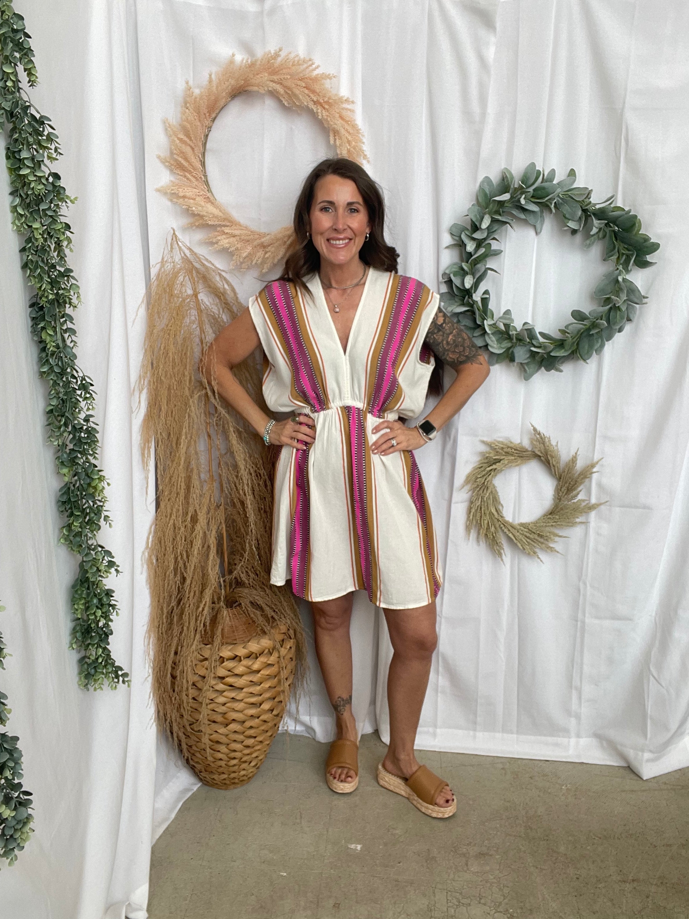 Elan Natural Pink V Neck Dress-Dresses-elan-The Silo Boutique, Women's Fashion Boutique Located in Warren and Grand Forks North Dakota