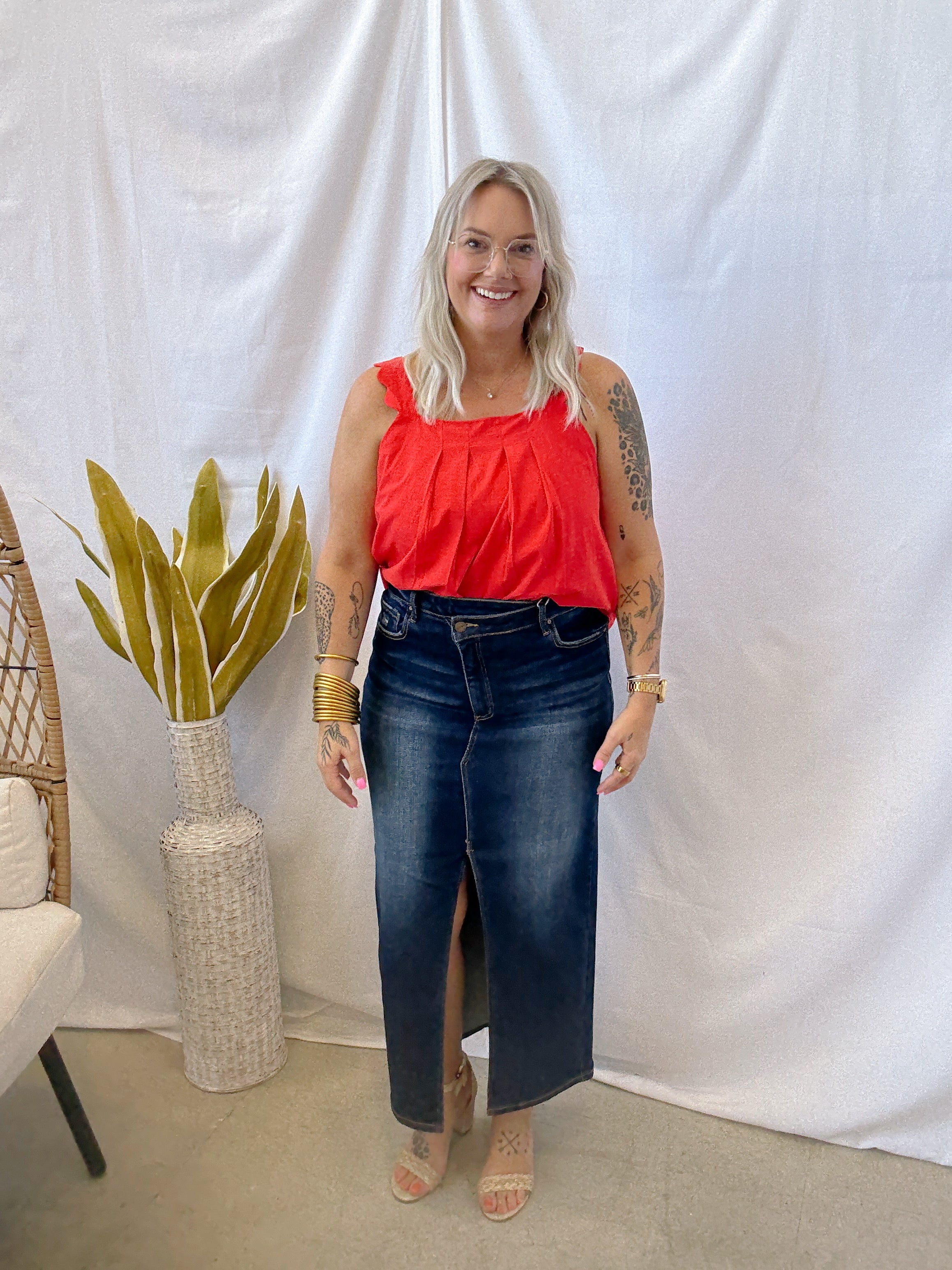 Pleated and Scalloped Tank Top-Red-Tank Tops-ENTRO-The Silo Boutique, Women's Fashion Boutique Located in Warren and Grand Forks North Dakota