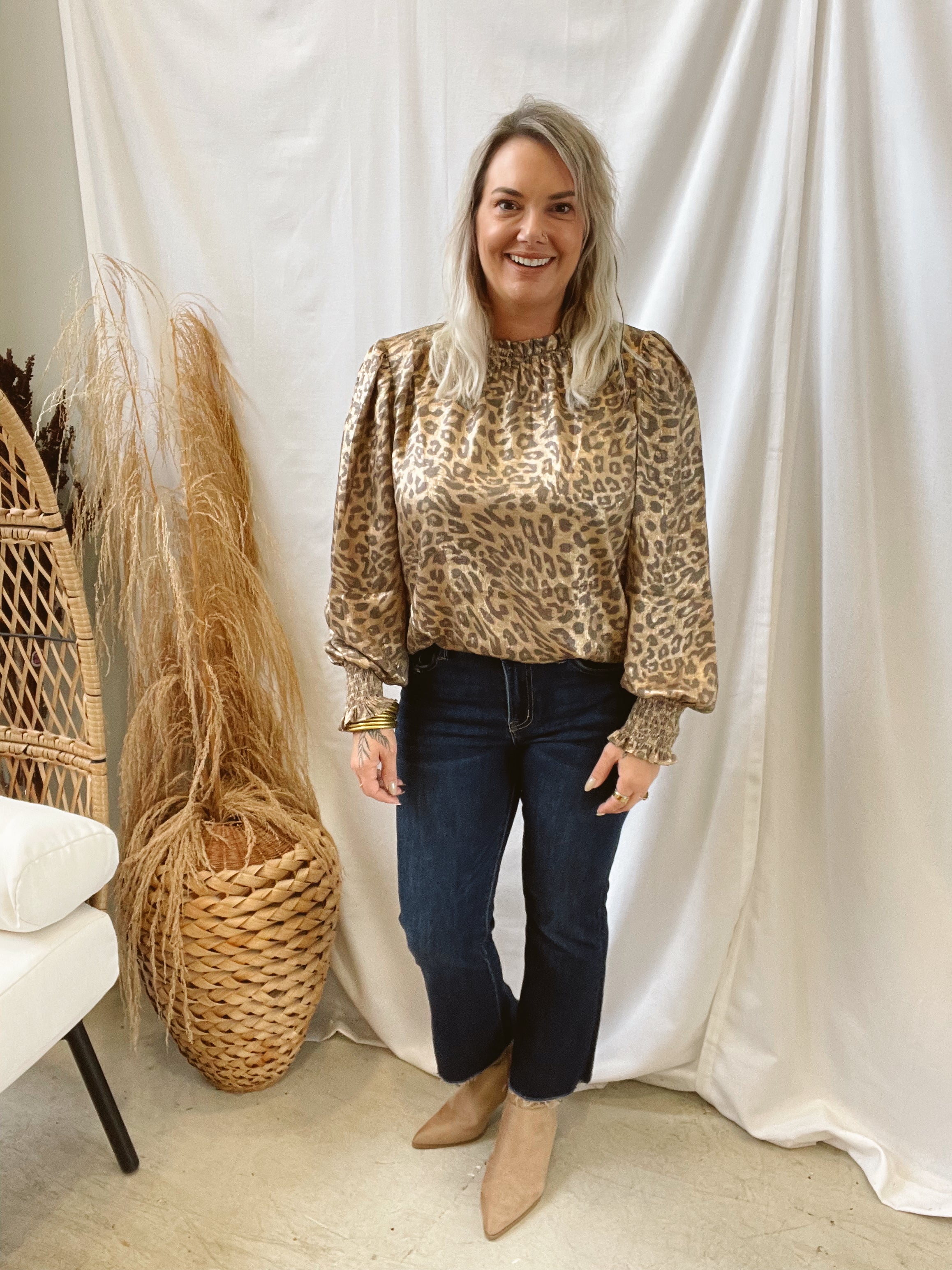 Leopard Metallic Long Sleeve Top-Long Sleeve Tops-oddi-The Silo Boutique, Women's Fashion Boutique Located in Warren and Grand Forks North Dakota