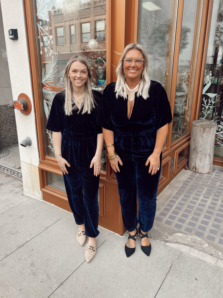 Elan Midnight Blue Velvet Jumpsuit-Jumpsuits & Rompers-elan-The Silo Boutique, Women's Fashion Boutique Located in Warren and Grand Forks North Dakota