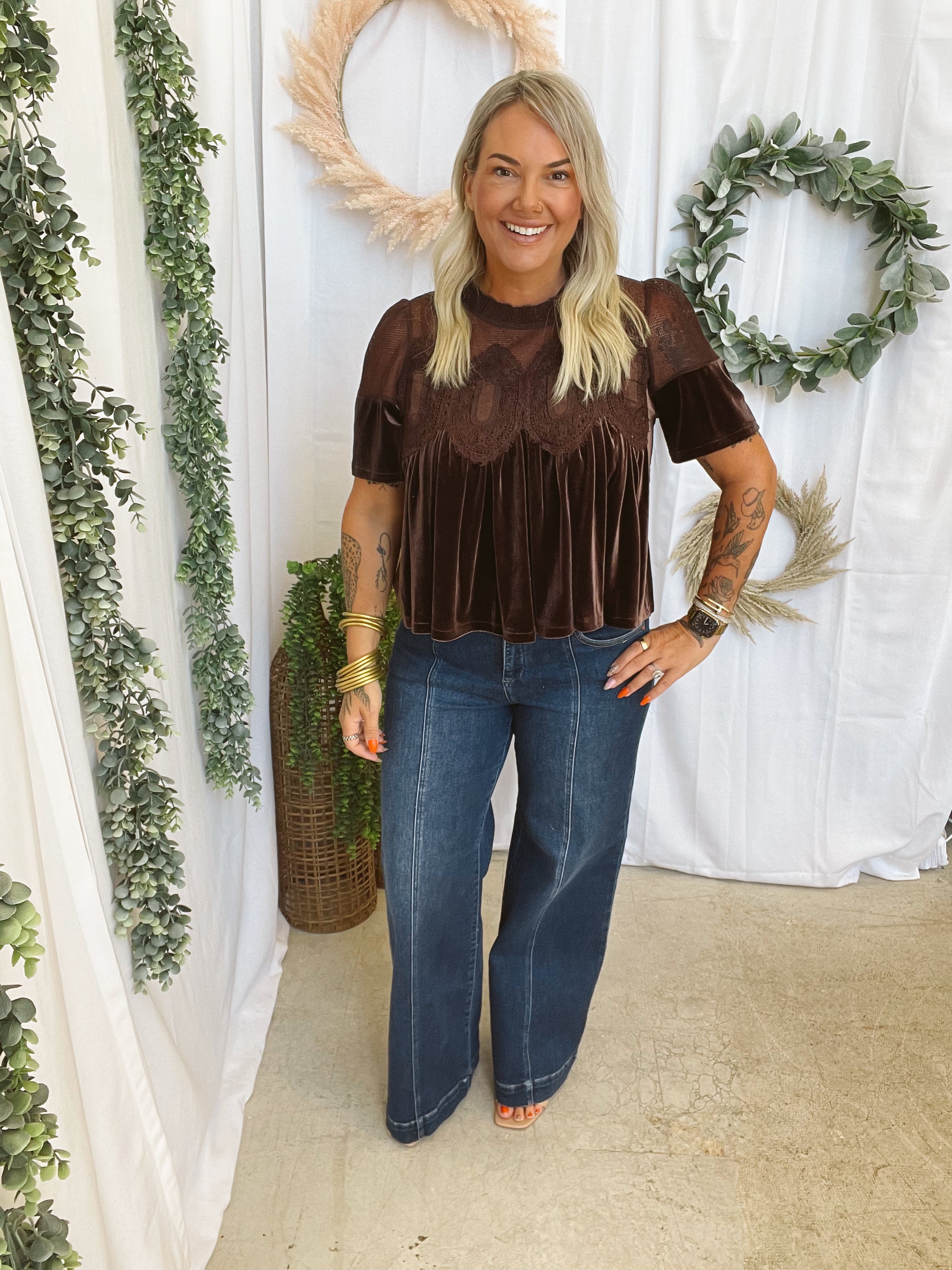 Velvet Scallop Top-Short Sleeve Tops-hem and thread-The Silo Boutique, Women's Fashion Boutique Located in Warren and Grand Forks North Dakota