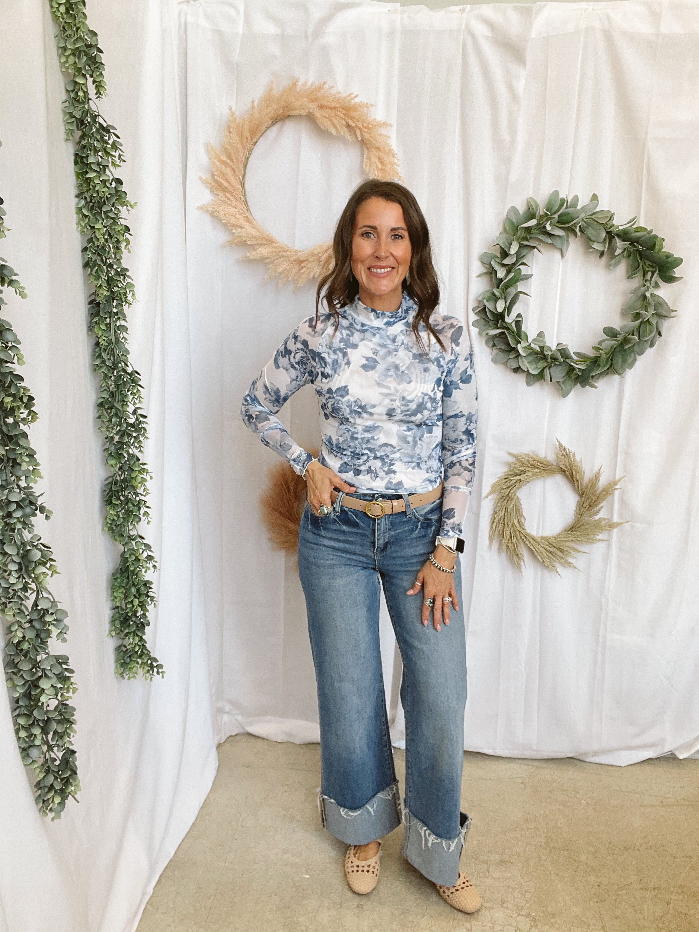 Blue Floral Mesh Top-Graphic Tees-panache-The Silo Boutique, Women's Fashion Boutique Located in Warren and Grand Forks North Dakota