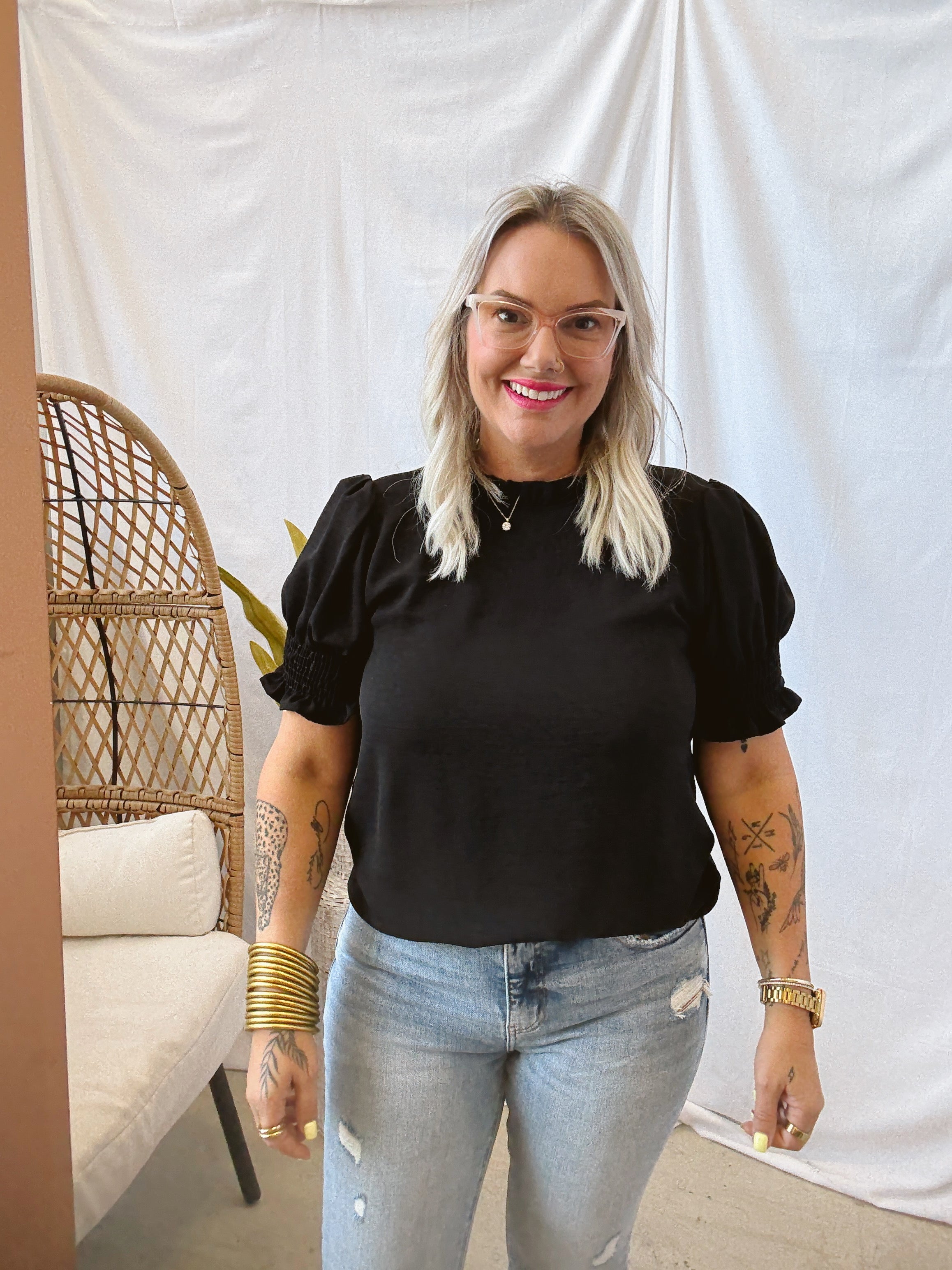 Leslie Solid Ruffle Neck Top-Black-Short Sleeve Tops-les amis-The Silo Boutique, Women's Fashion Boutique Located in Warren and Grand Forks North Dakota