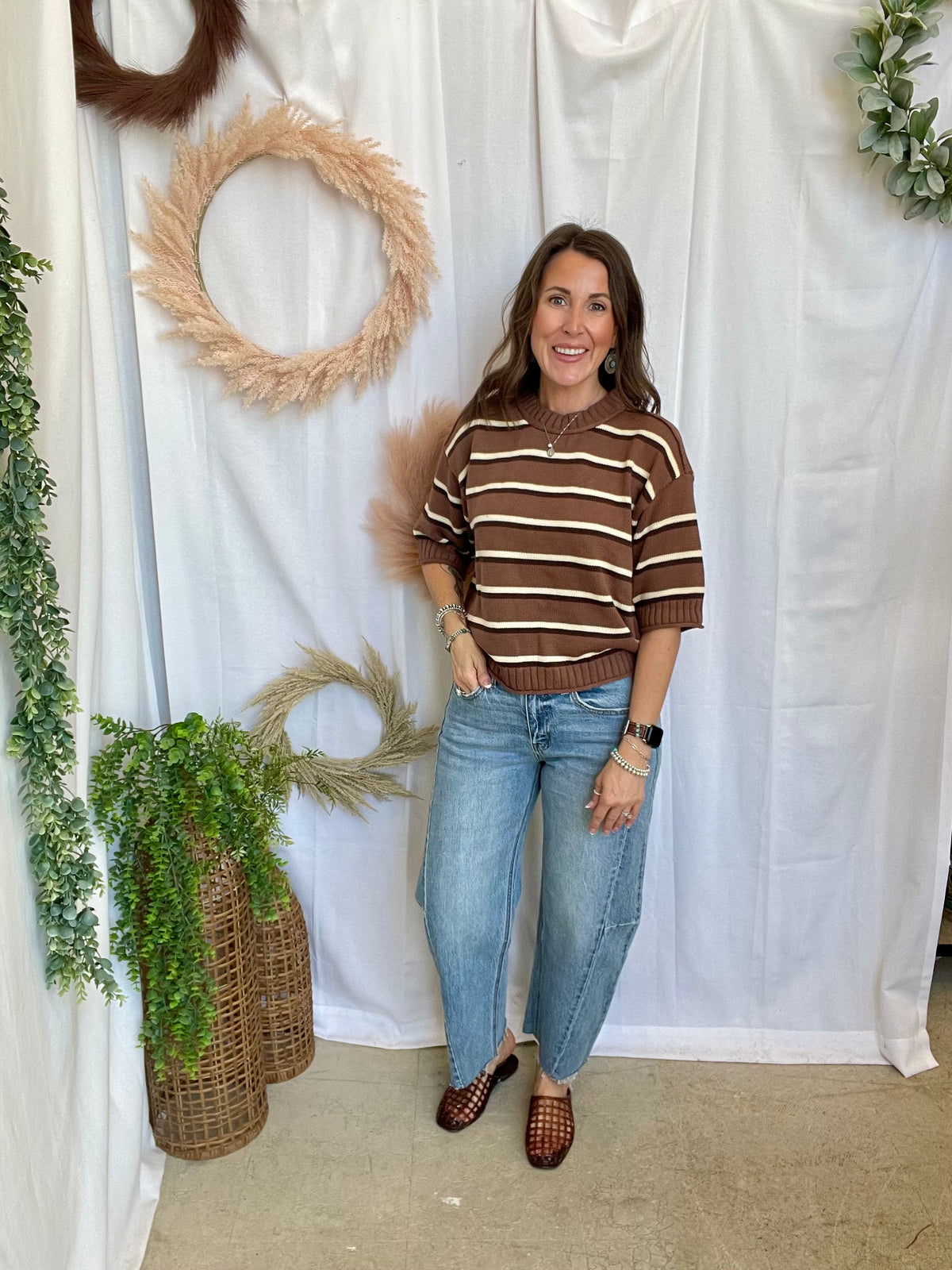 Kyra Striped Sweater-Brown-Sweaters-ENTRO-The Silo Boutique, Women's Fashion Boutique Located in Warren and Grand Forks North Dakota