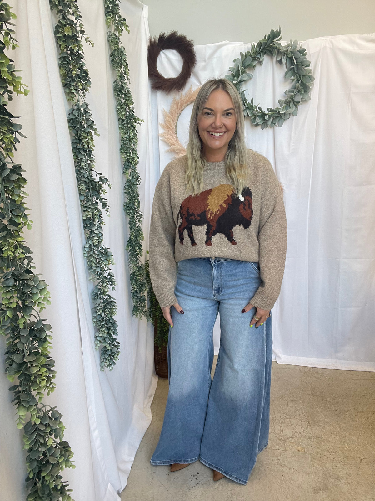 Bison Motif Sweater-Mocha-Sweaters-twentyfourth-The Silo Boutique, Women's Fashion Boutique Located in Warren and Grand Forks North Dakota