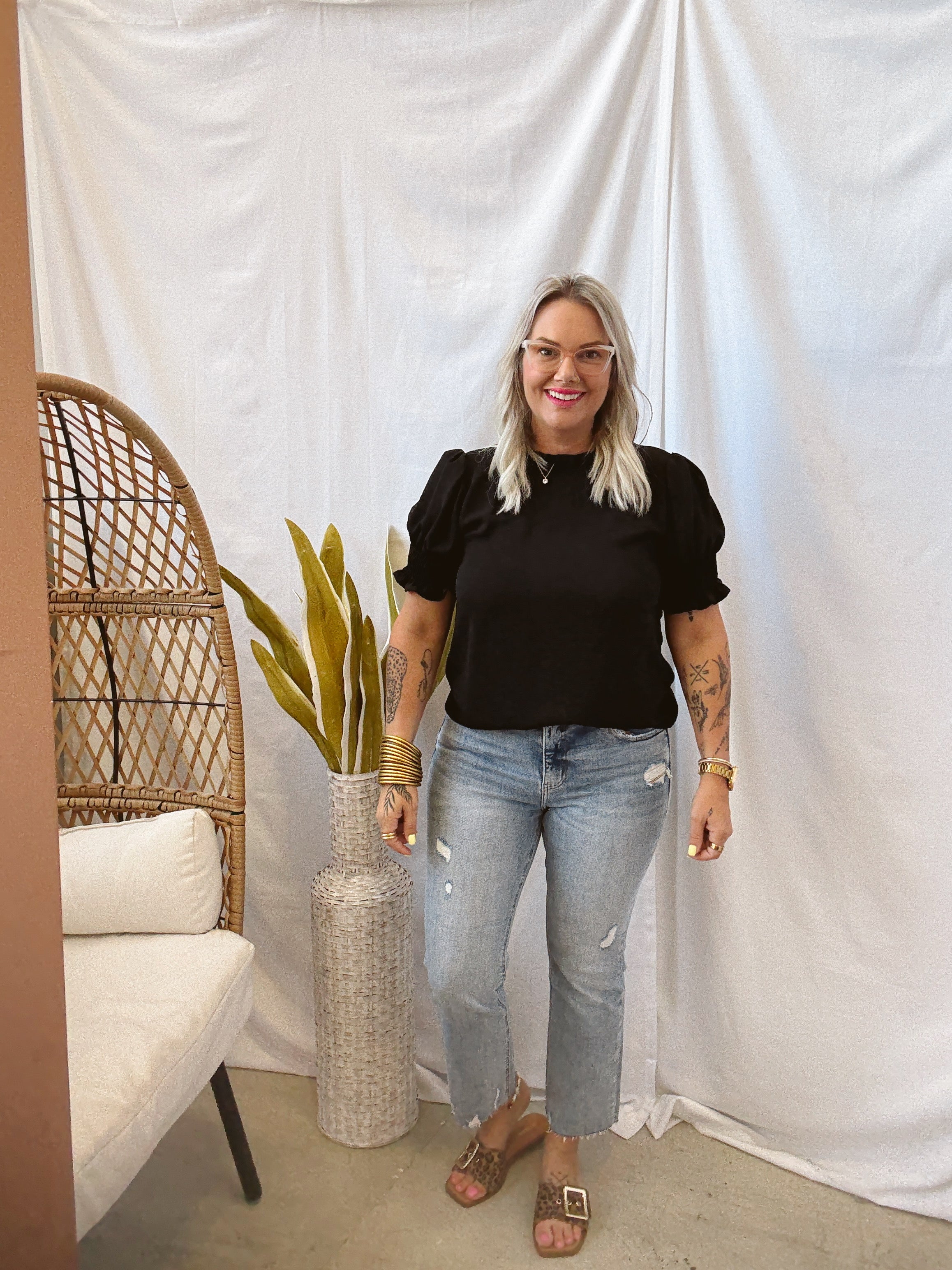 Leslie Solid Ruffle Neck Top-Black-Short Sleeve Tops-les amis-The Silo Boutique, Women's Fashion Boutique Located in Warren and Grand Forks North Dakota