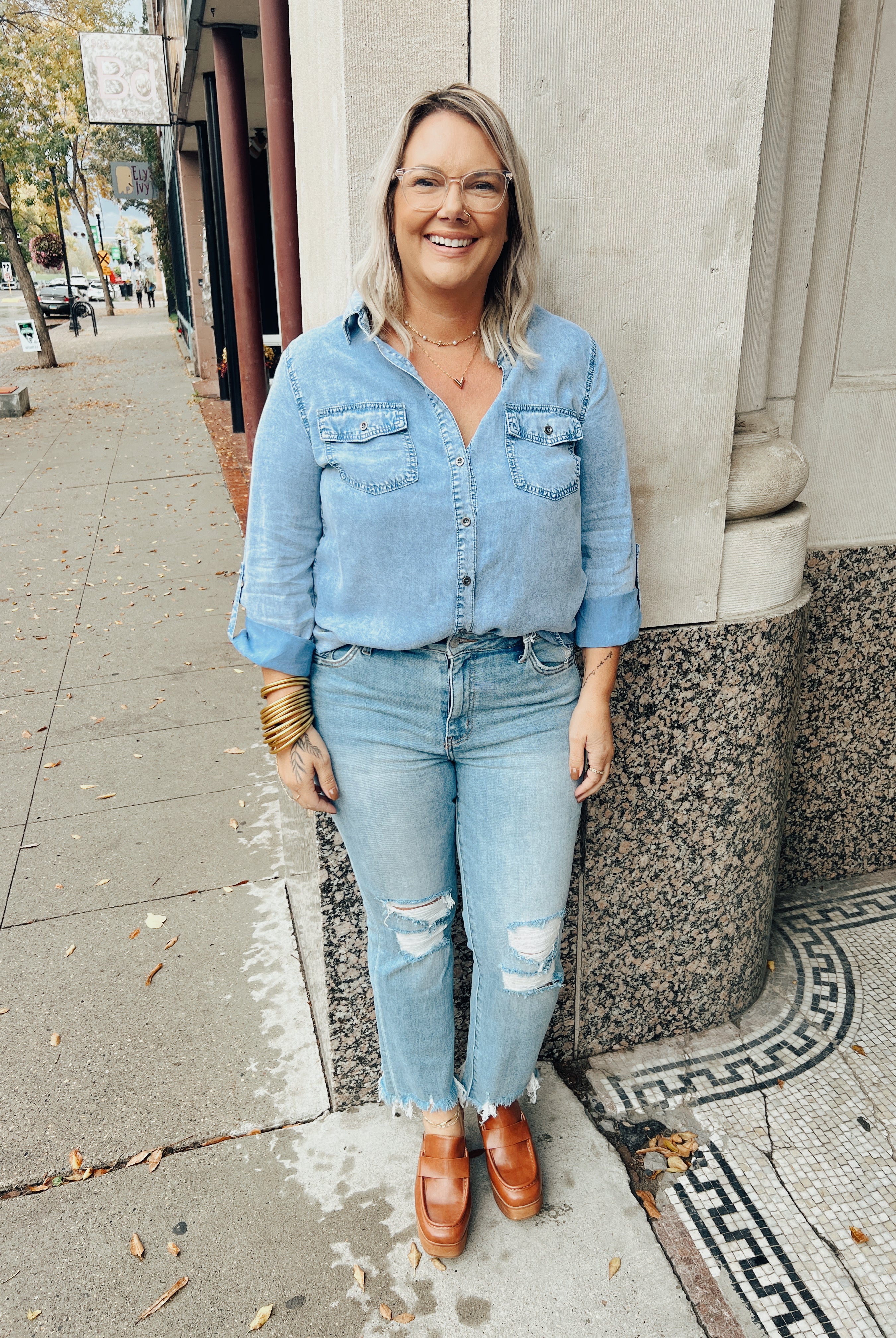 Rae Chambray Button Down Top-Long Sleeves-Doe and Rae-The Silo Boutique, Women's Fashion Boutique Located in Warren and Grand Forks North Dakota