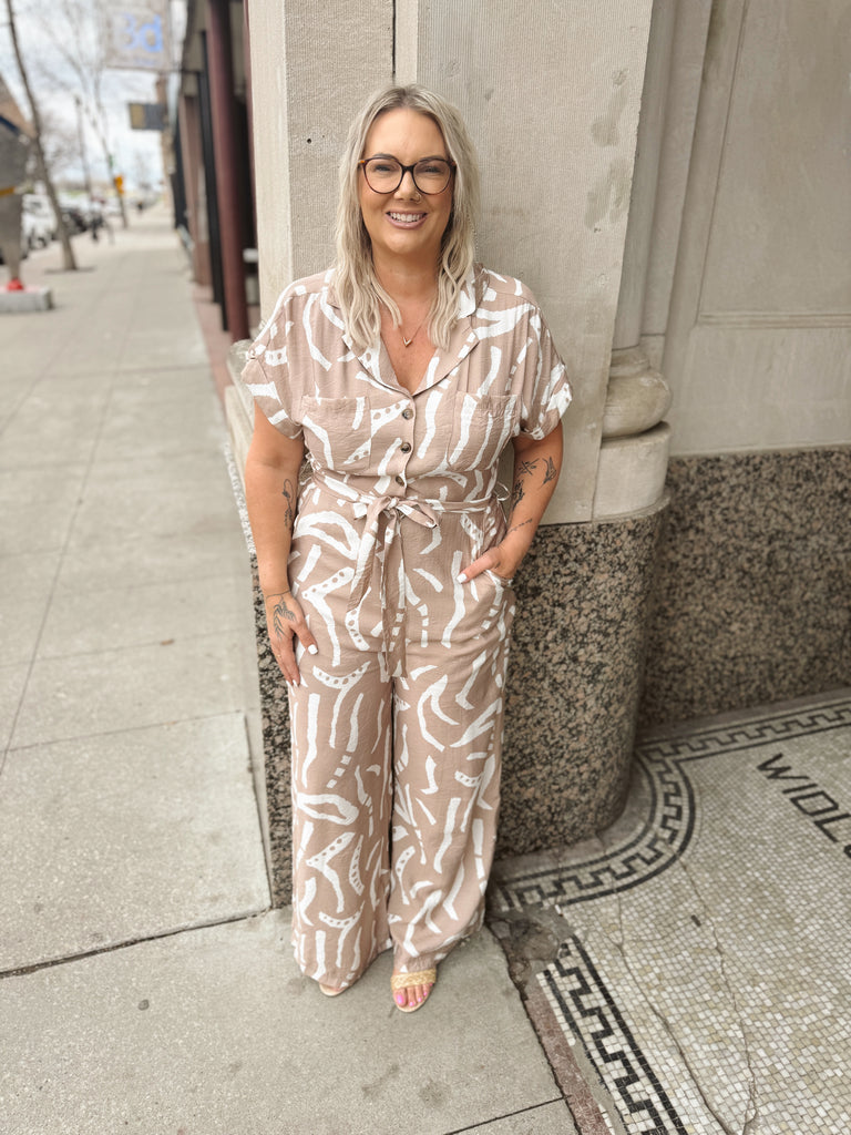 Taupe Geo Jumpsuit-Jumpsuits & Rompers-ENTRO-The Silo Boutique, Women's Fashion Boutique Located in Warren and Grand Forks North Dakota