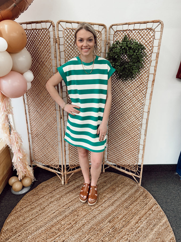 Green and Ivory Striped Dress Dress-ENTRO-The Silo Boutique, Women's Fashion Boutique Located in Warren and Grand Forks North Dakota