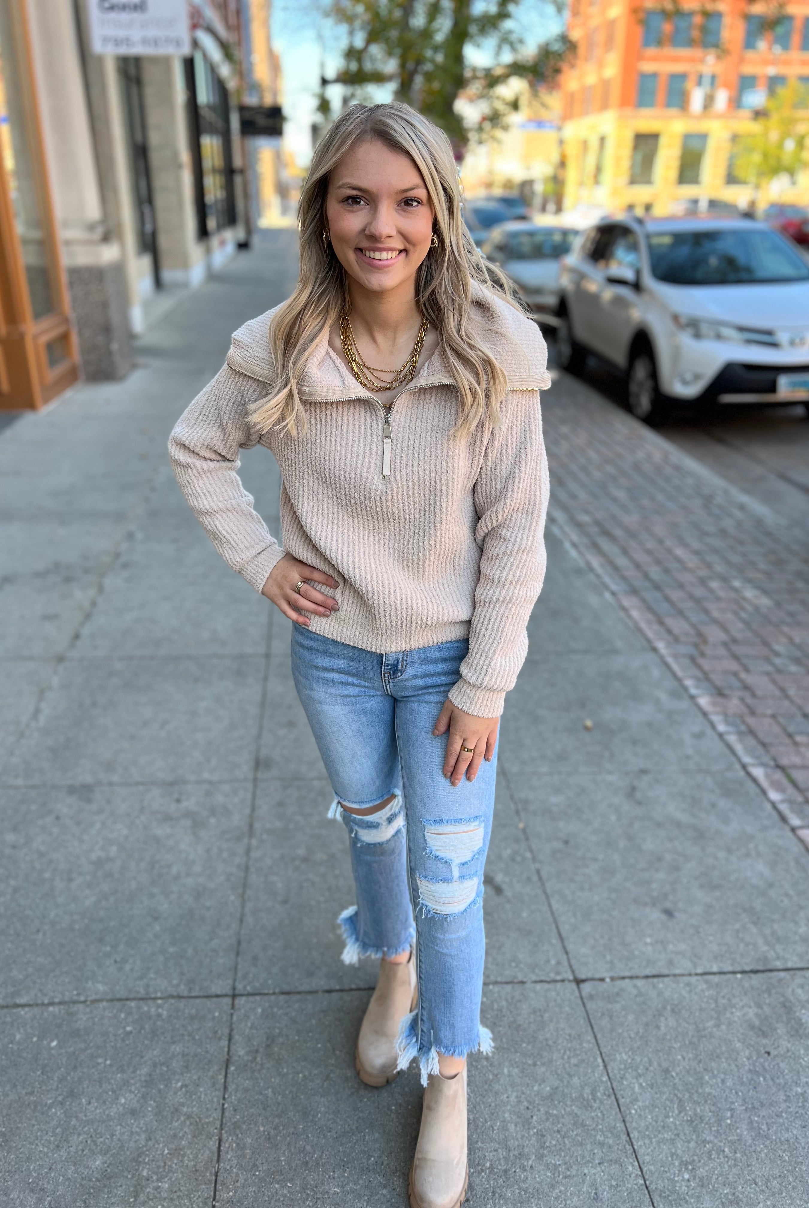 Plush Frosted Almond Half Zip Sweater-Sweaters-allie Rose-The Silo Boutique, Women's Fashion Boutique Located in Warren and Grand Forks North Dakota