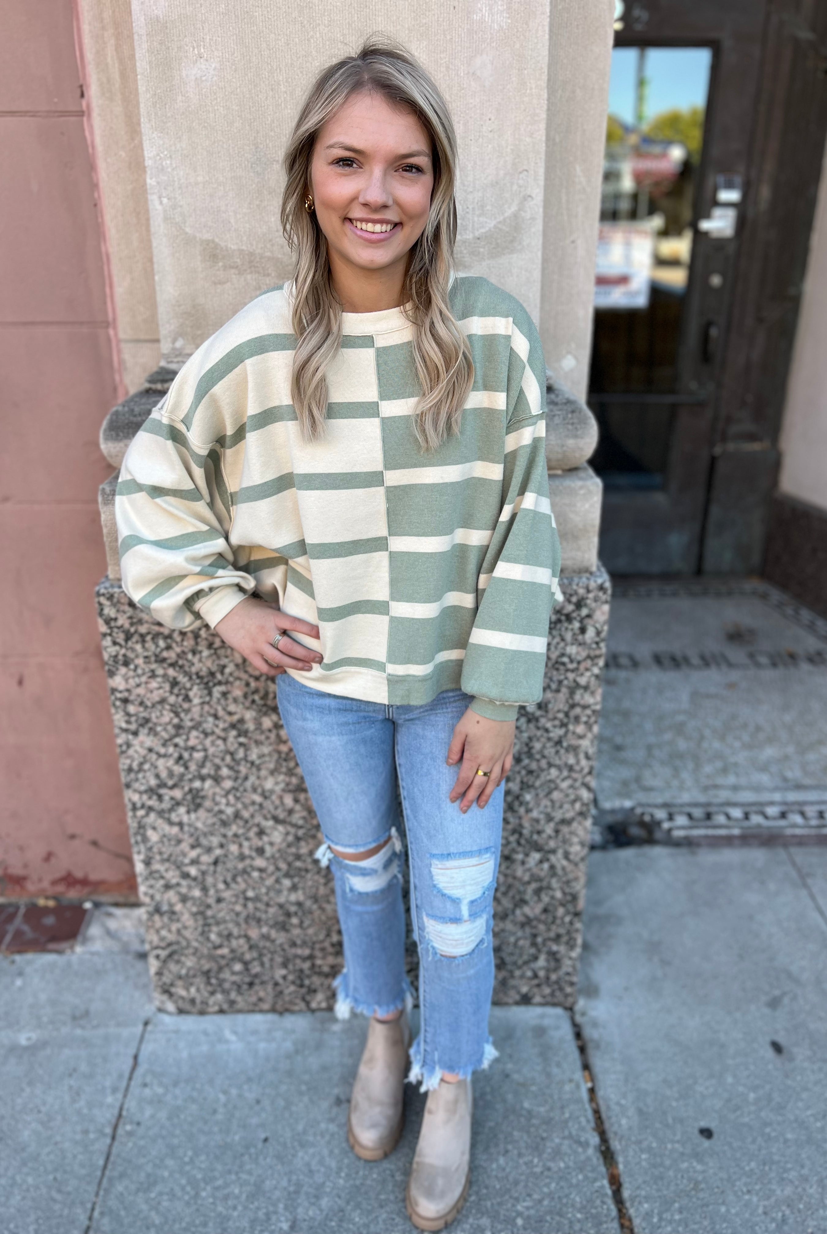 Sage Striped Pattern Sweater Top-Sweaters-miou muse-The Silo Boutique, Women's Fashion Boutique Located in Warren and Grand Forks North Dakota