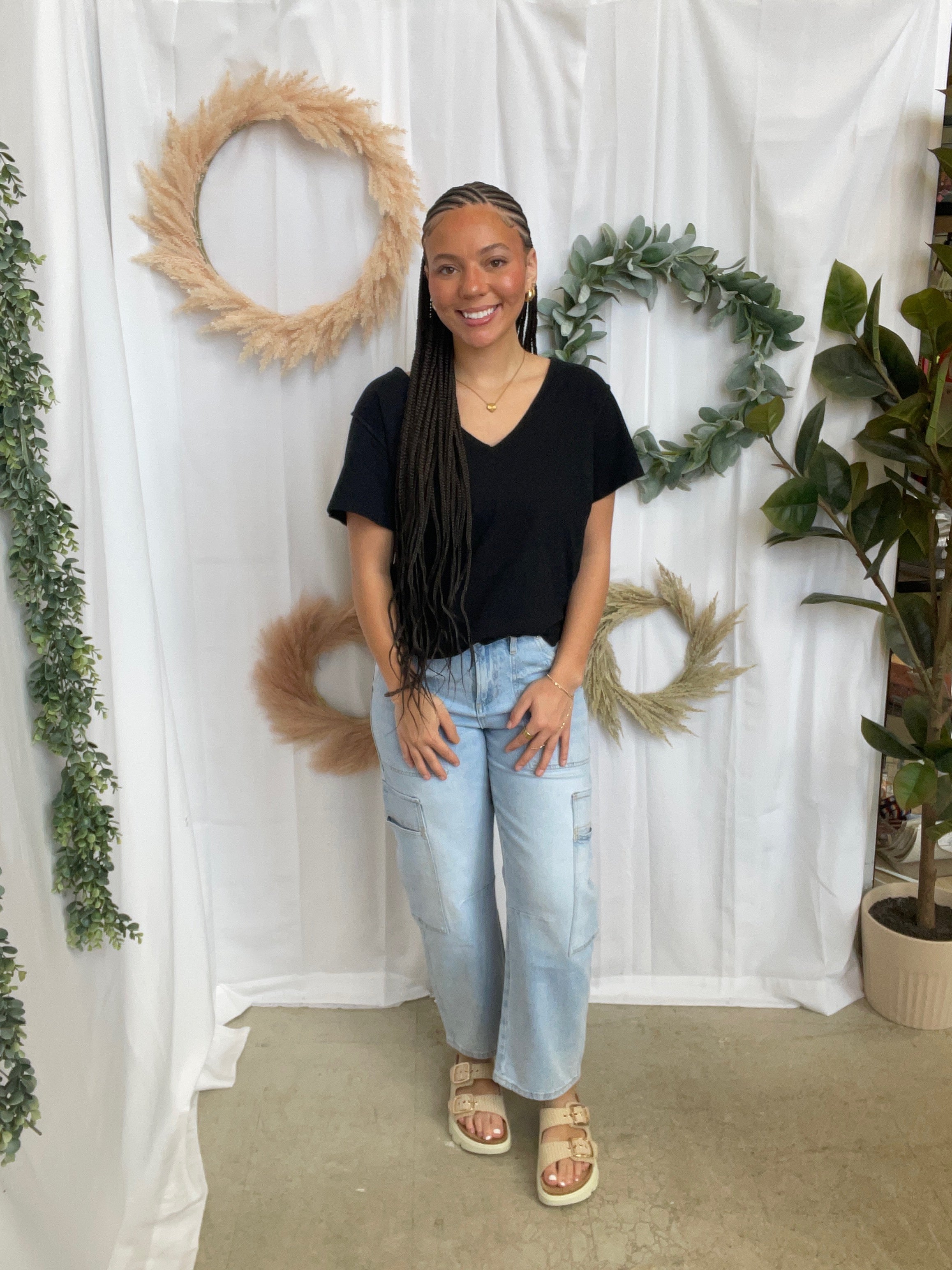 Pebble Forever V Neck Side Slit Tee-Black-Short Sleeve Tops-pebble-The Silo Boutique, Women's Fashion Boutique Located in Warren and Grand Forks North Dakota
