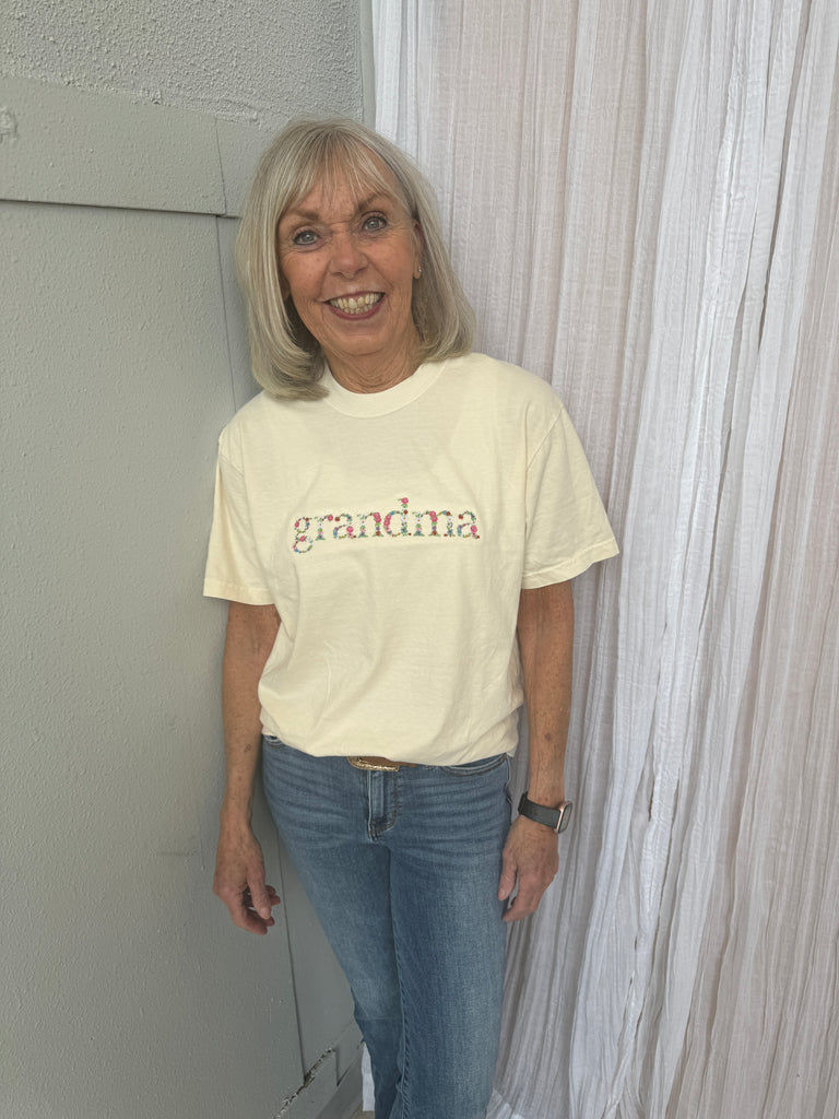 Grandma Floral Embroidered Tee-Graphic Tees-fair-The Silo Boutique, Women's Fashion Boutique Located in Warren and Grand Forks North Dakota