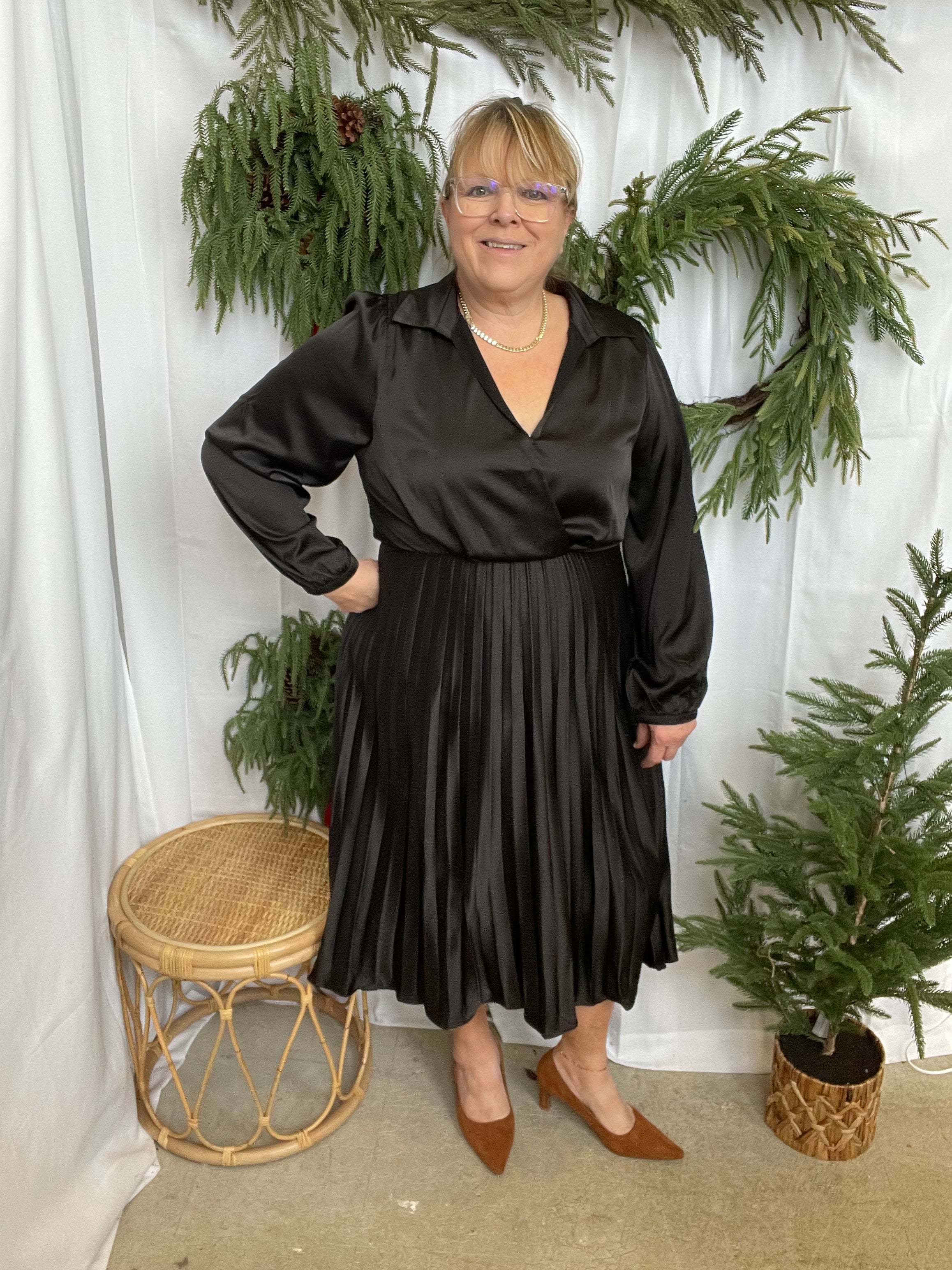 Satin Pleated Dress-Black-Sweaters-she and sky-The Silo Boutique, Women's Fashion Boutique Located in Warren and Grand Forks North Dakota