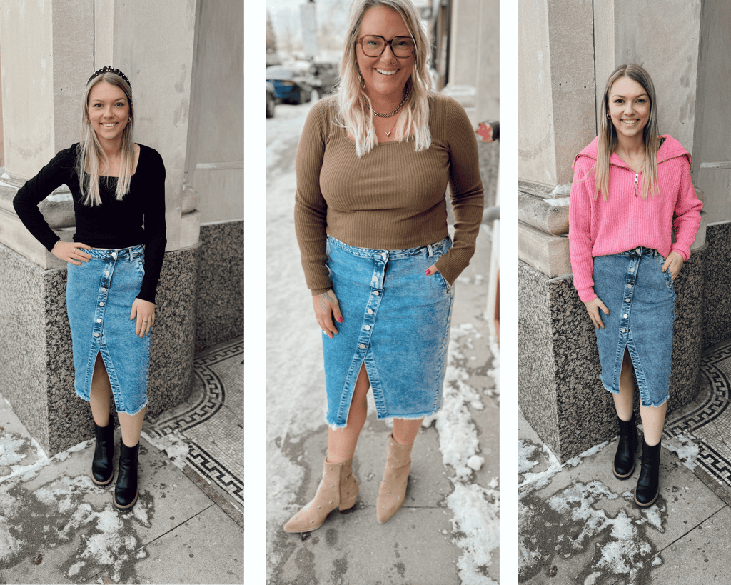 Courtney Denim Skirt-Skirts-blakely-The Silo Boutique, Women's Fashion Boutique Located in Warren and Grand Forks North Dakota