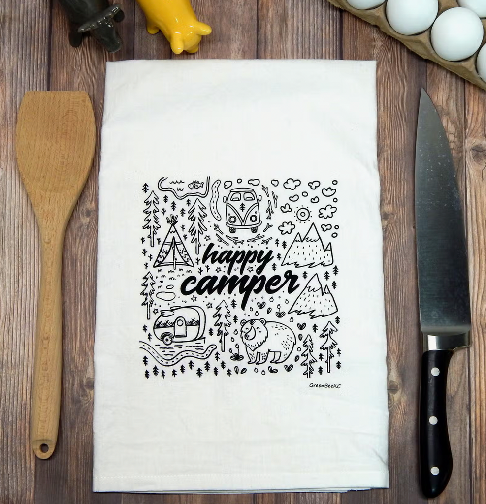 Happy Camper Tea Towel-Tea Towels-Green Bee-The Silo Boutique, Women's Fashion Boutique Located in Warren and Grand Forks North Dakota