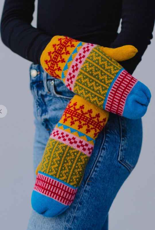 Blue, Mustard & Red Patterned Knit Mittens-Gloves & Mittens-panache-The Silo Boutique, Women's Fashion Boutique Located in Warren and Grand Forks North Dakota