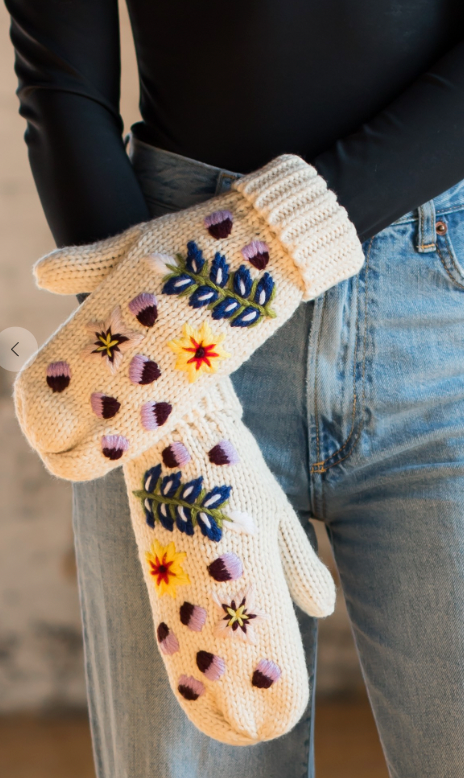 Panache Ivory Hand Stitched Floral Knit Mittens-Gloves & Mittens-panache-The Silo Boutique, Women's Fashion Boutique Located in Warren and Grand Forks North Dakota