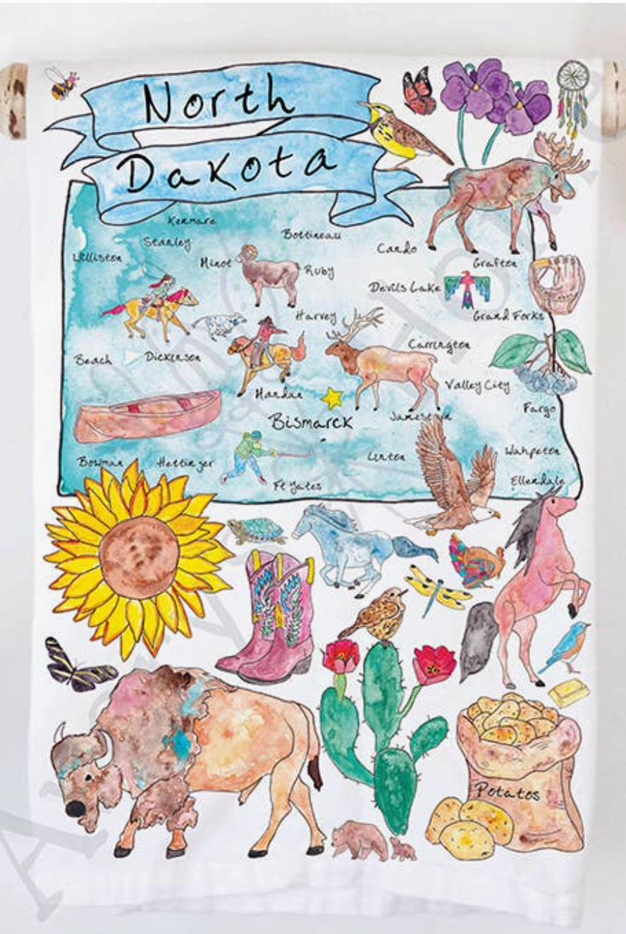 North Dakota State Map Whimsical Tea Towel-Tea Towels-Averys Home-The Silo Boutique, Women's Fashion Boutique Located in Warren and Grand Forks North Dakota