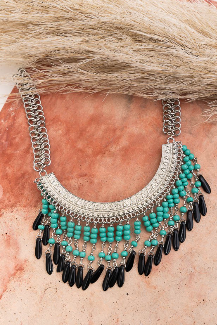 Turquoise Bohemian Fringe Bib Necklace-Necklaces-Leto-The Silo Boutique, Women's Fashion Boutique Located in Warren and Grand Forks North Dakota