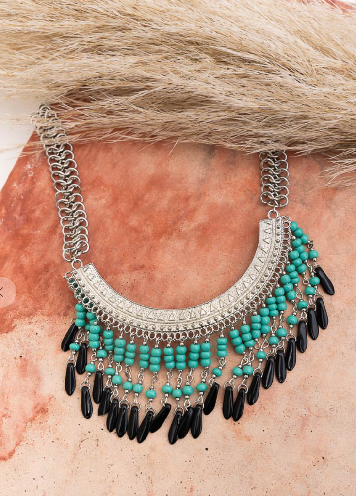 Turquoise Bohemian Fringe Bib Necklace-Necklaces-Leto-The Silo Boutique, Women's Fashion Boutique Located in Warren and Grand Forks North Dakota