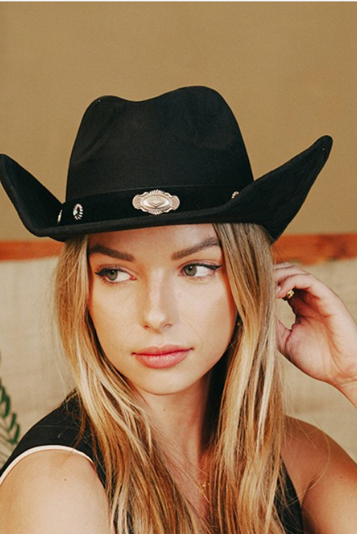 Black Boho Disc Strap Cowboy Hat-Hats-Fame-The Silo Boutique, Women's Fashion Boutique Located in Warren and Grand Forks North Dakota