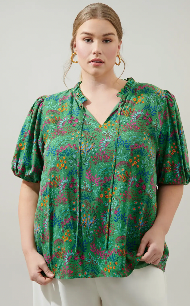 Floral Bluebay Puff Sleeve Blouse Curve-Short Sleeve Tops-sugarlips-The Silo Boutique, Women's Fashion Boutique Located in Warren and Grand Forks North Dakota