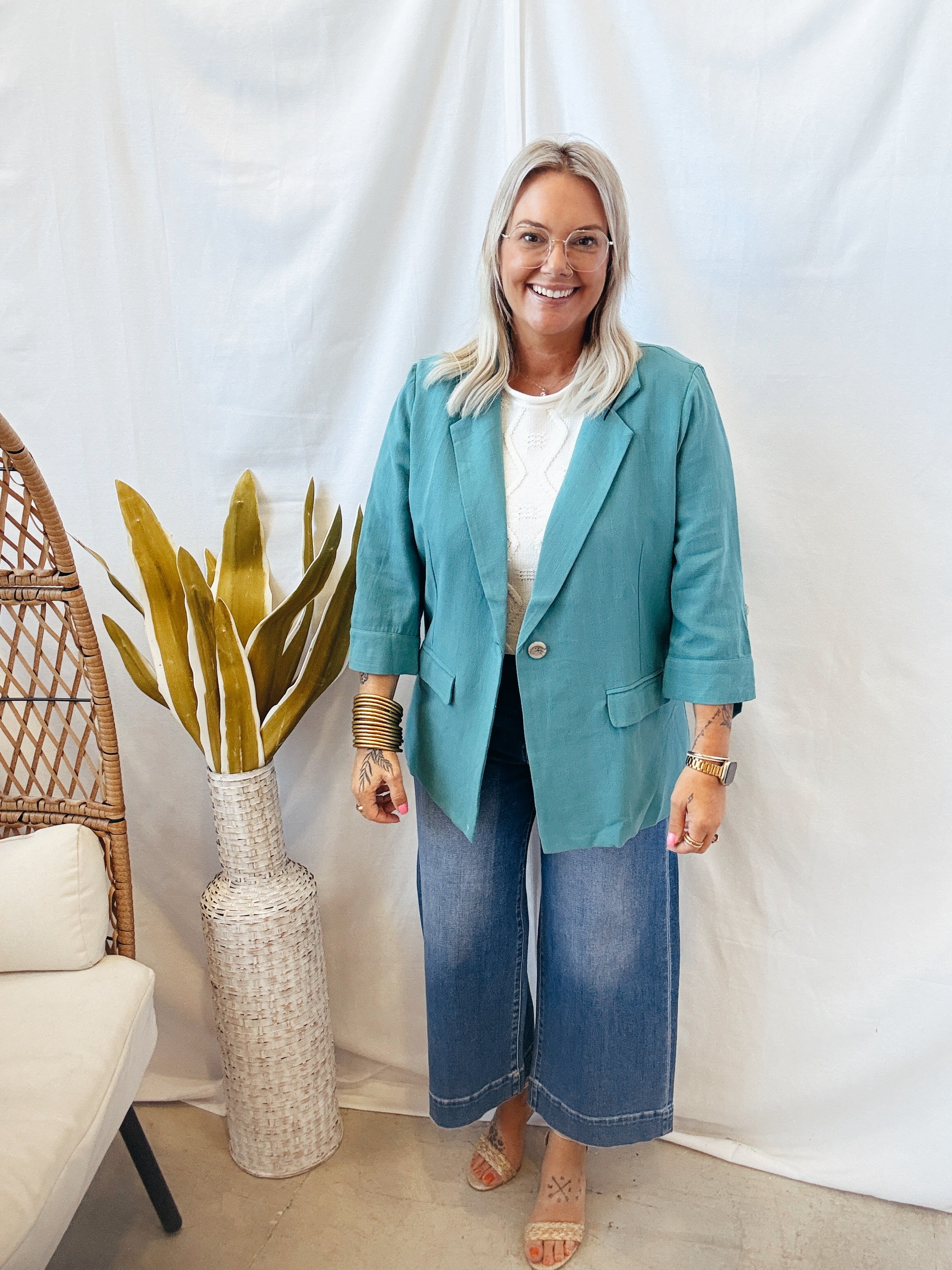 Maya Blue Linen Blazer-Blazers-allie Rose-The Silo Boutique, Women's Fashion Boutique Located in Warren and Grand Forks North Dakota
