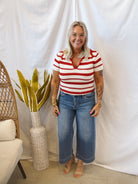 Red Stripe Crochet Knit Top-Short Sleeve Tops-blu pepper-The Silo Boutique, Women's Fashion Boutique Located in Warren and Grand Forks North Dakota
